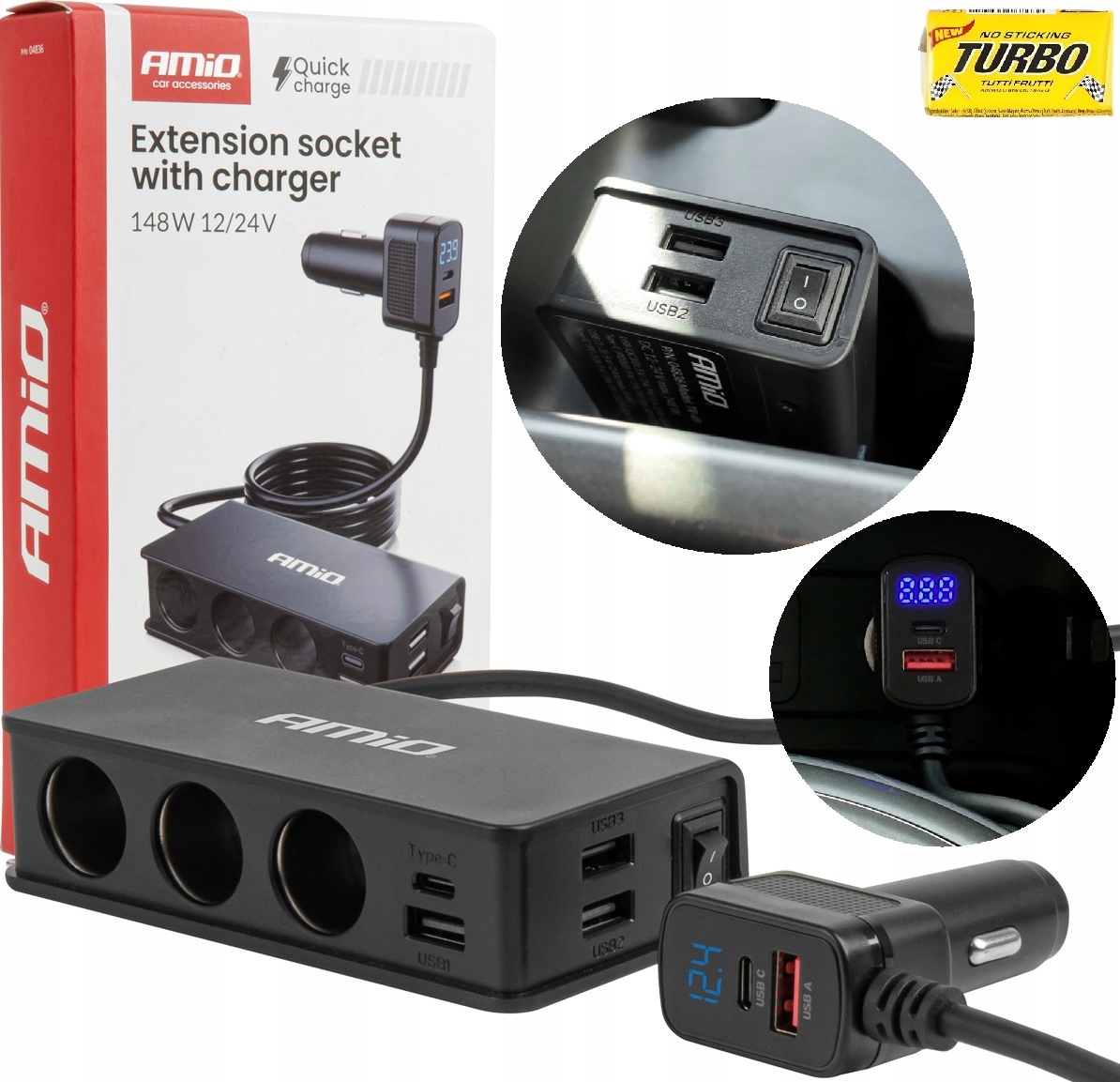 Rozgałęziacz gniazda zapalniczki z ładowarką 3xUSB-A Usb-c Qc Pd 3.0. 148W