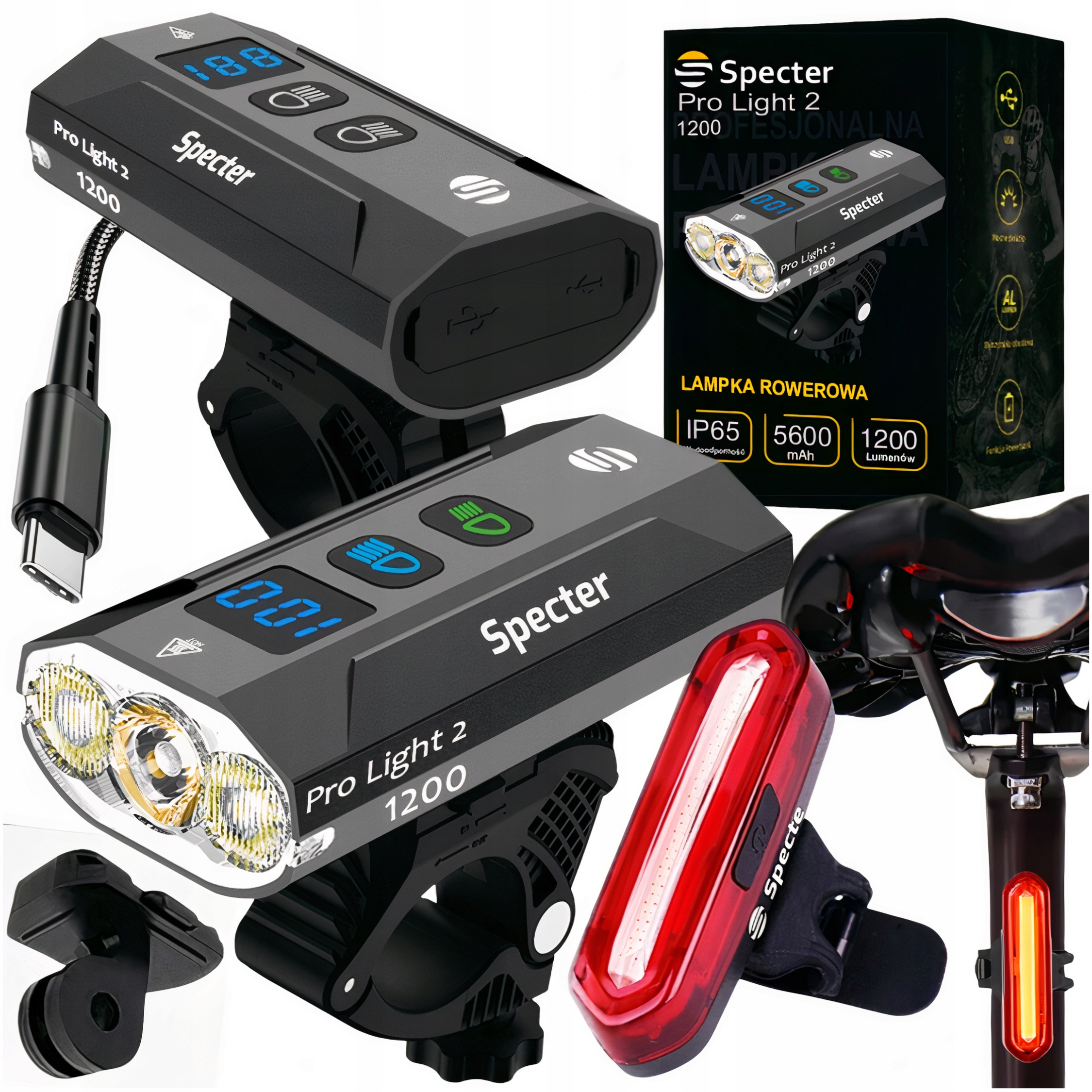 Lampka Rowerowa Pro Light 2 Usb 1200LM Powerbank IPX65 tylna lampka 120LM