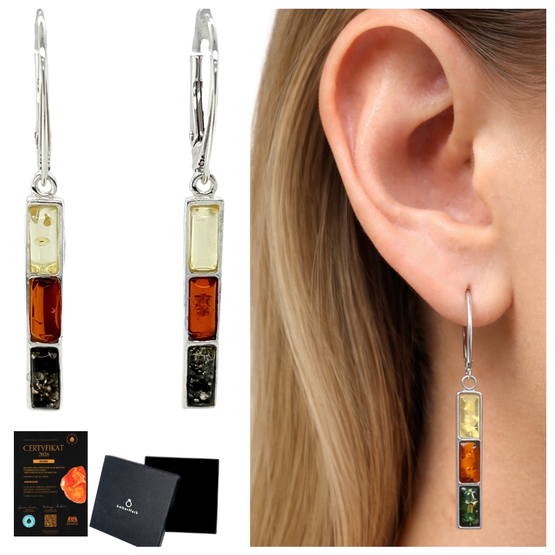 Stříbrné náušnice s baltským jantarem s dlouhým závěsným anglickým zapínáním