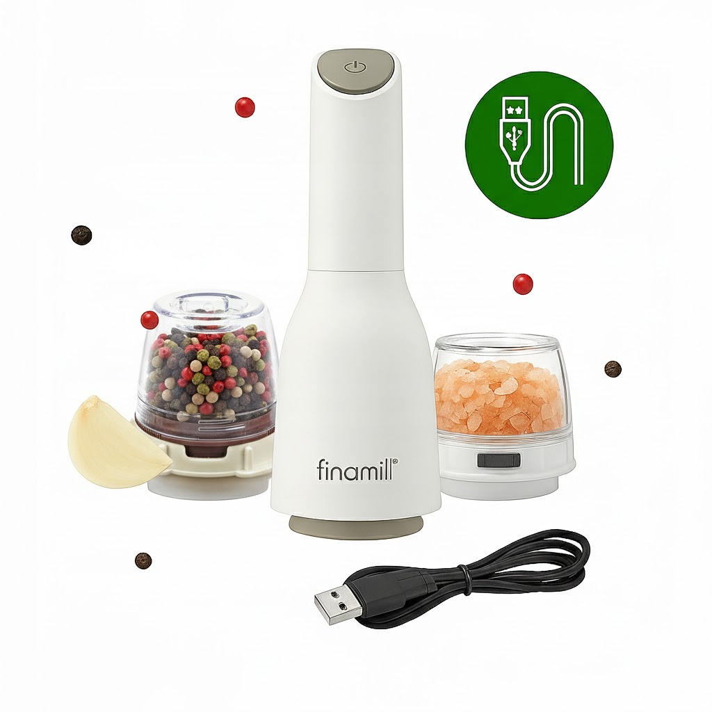 Młynek Elektryczny Do Soli Pieprzu Przypraw+2 Pojemniki Finamill Biały Usb