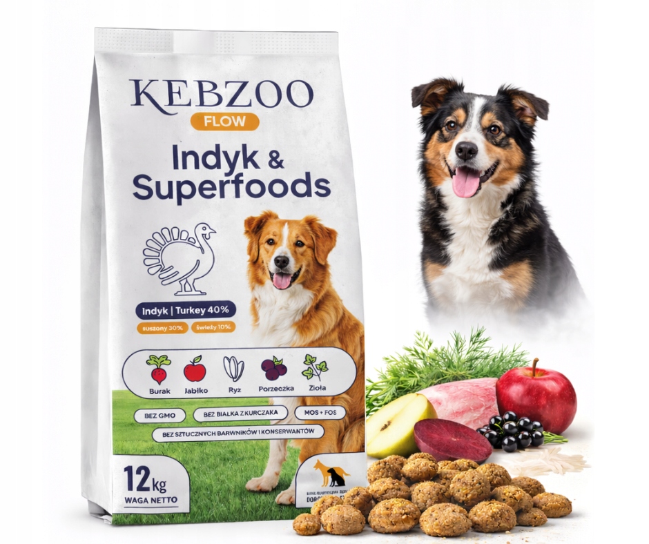 Levně Krmivo pro psy Kebzoo Flow Krůta&Superpotraviny 12 kg