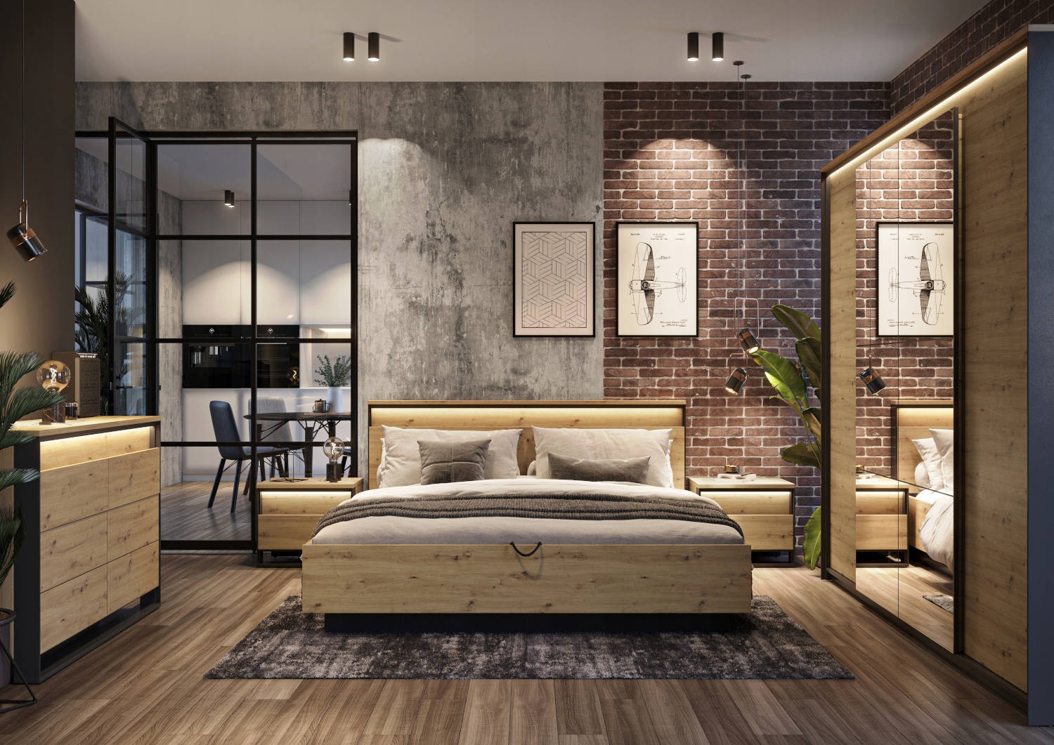 

Zestaw do sypialni szafa łóżko 160x200 komoda +led
