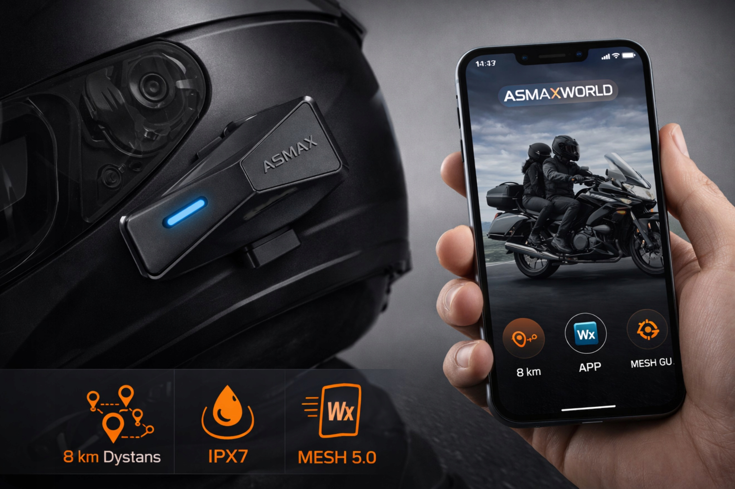 Interkom motocyklowy Bluetooth 5.4 do kasku Mesh 8 osób 8km ANC 160 km/h FM