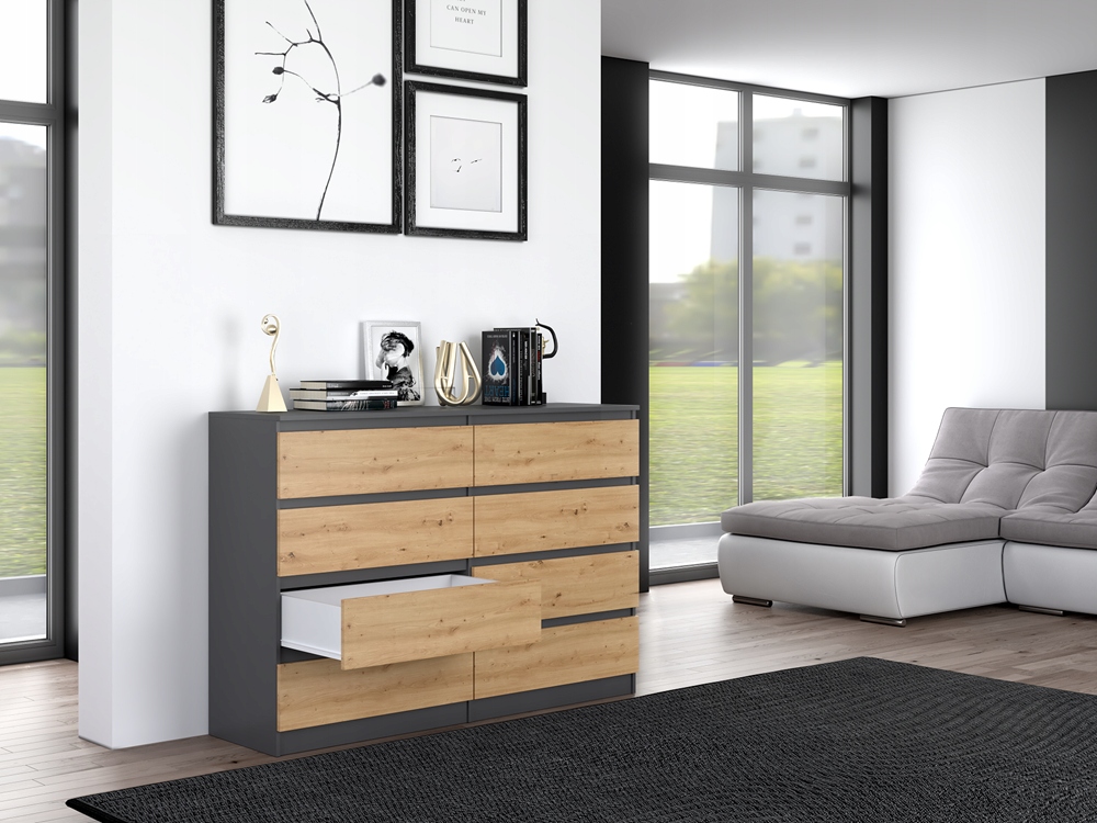 NOWOCZESNA KOMODA 140CM SŁUPEK REGAŁ SZAFKA ANTRACYT DĄB ARTISAN KORYTARZ Szerokość mebla 138 cm