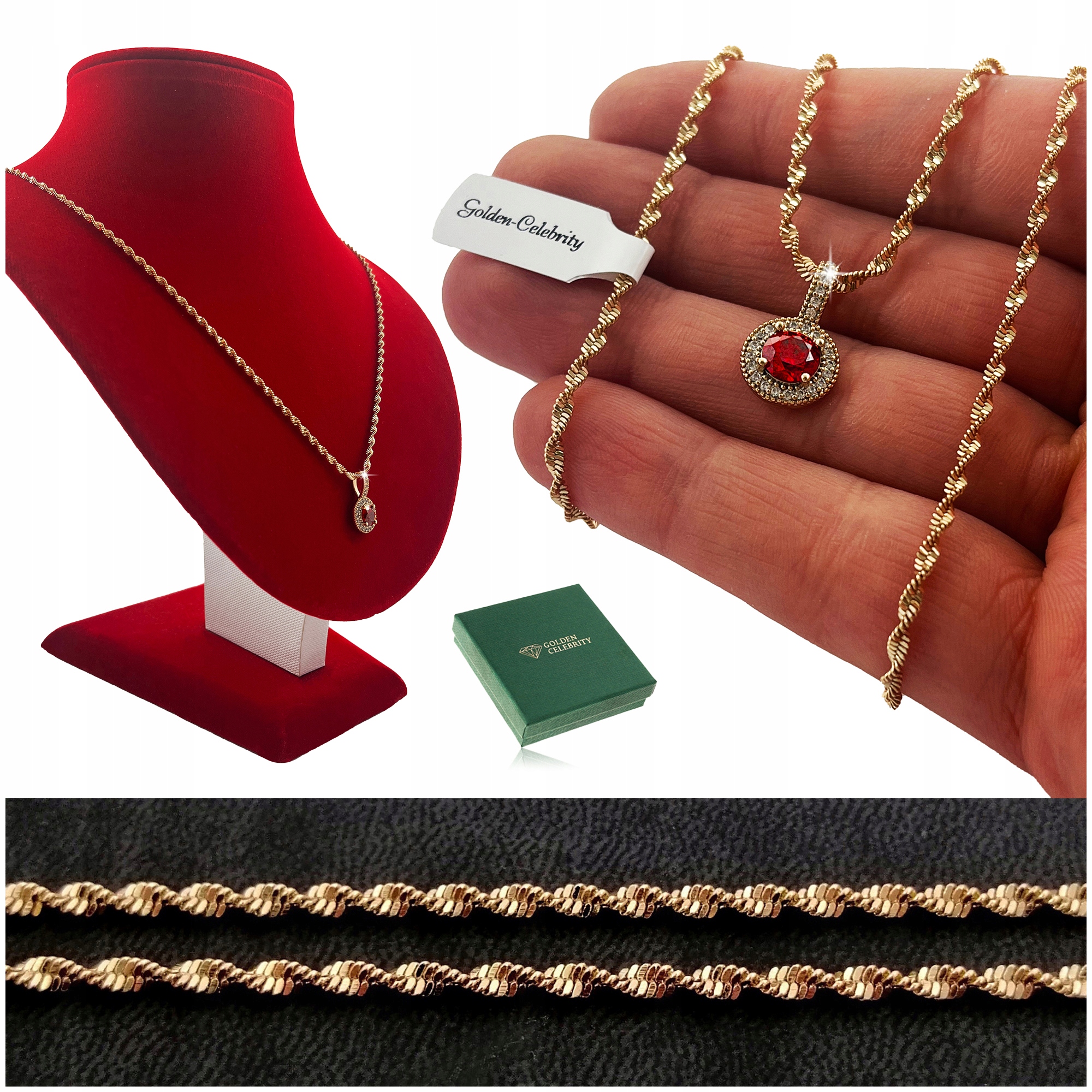 Lesklý Zlatý Řetízek Ocel Přívěsek Rubín Pro Ni Dárek