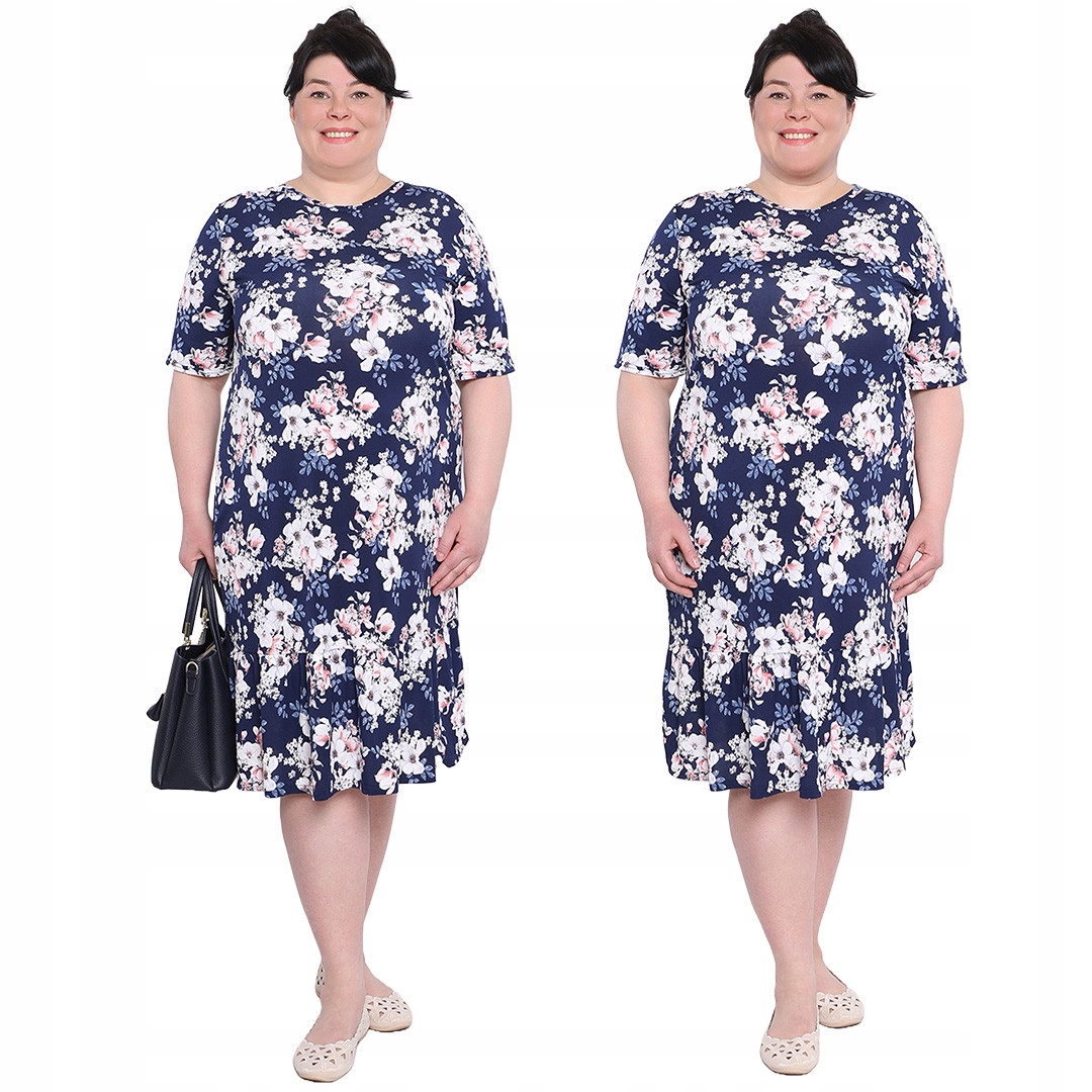 Tmavě modrá šaty s volánkem a světlými květy 60/62