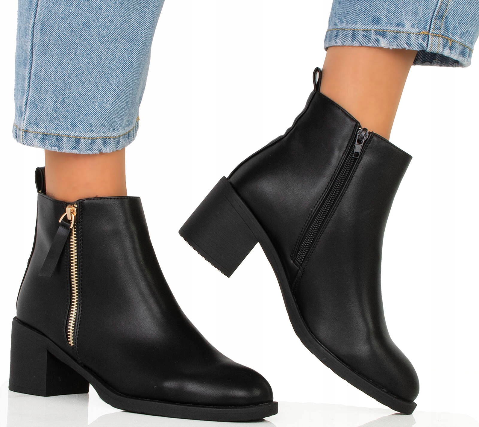 CZARNE SKÓRZANE BOTKI SZTYBLETY Z ZAMKIEM 40