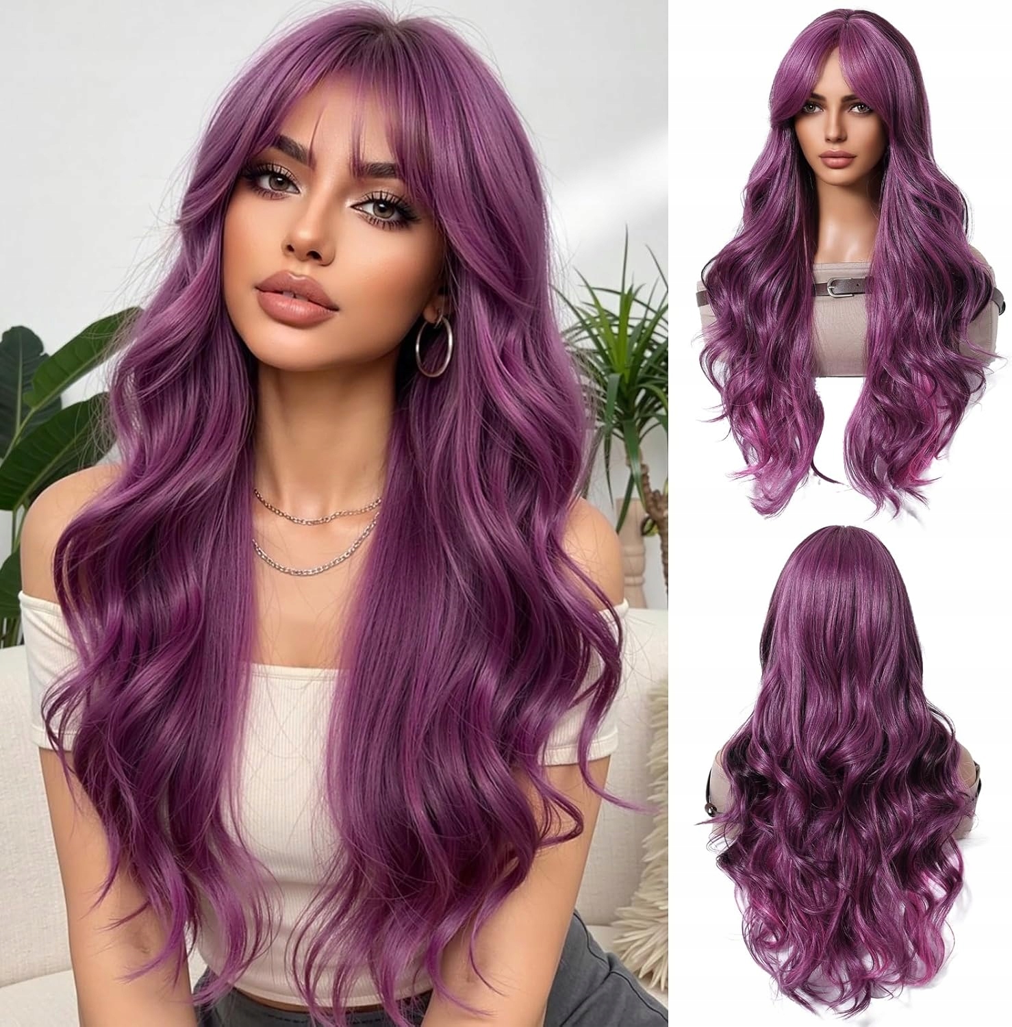 Fialová dlouhá paruka s ofinou a vlnitým přírodním syntetickým vzhledem