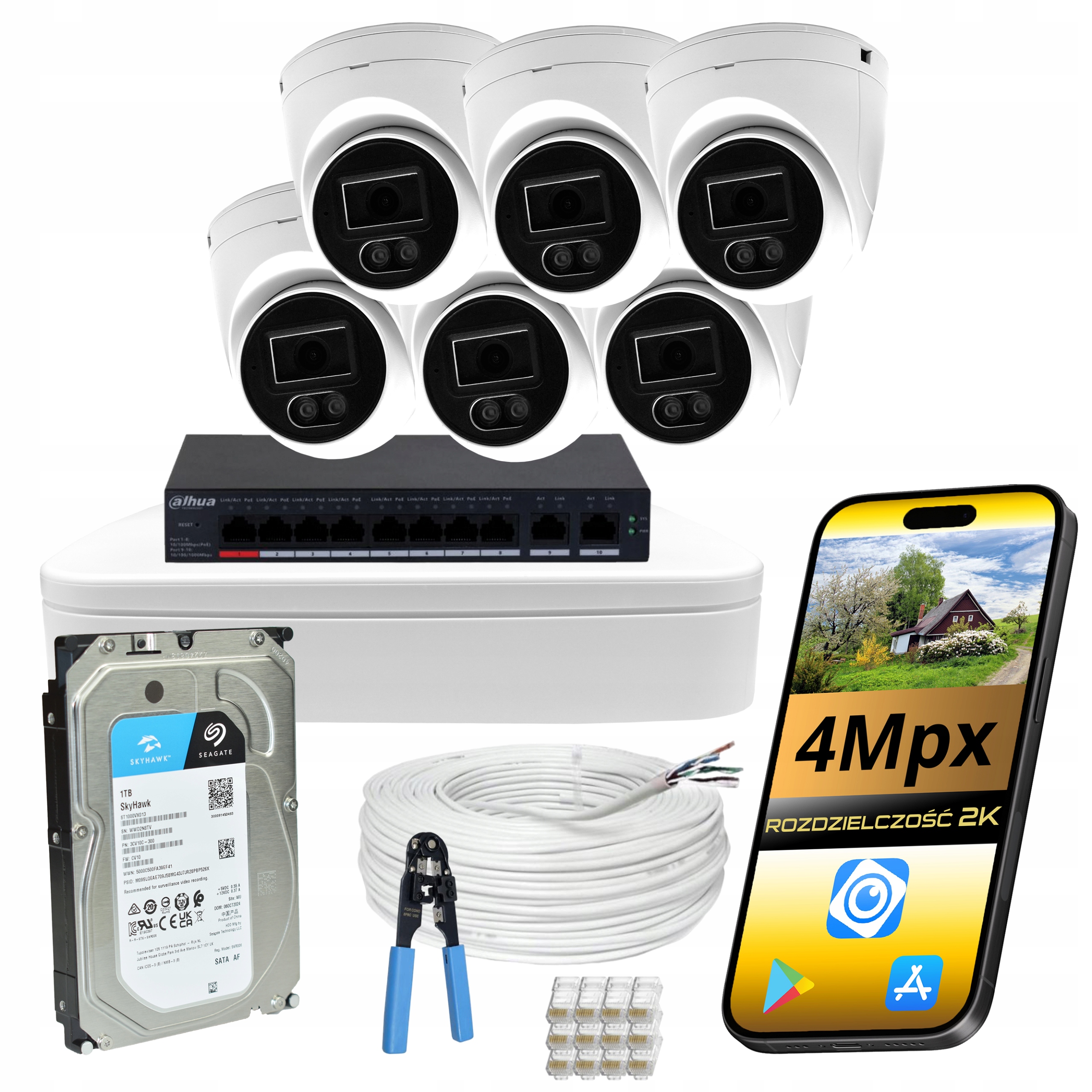 Sada 6 Ip Kamer 4MPX Poe Pro Monitorování Domu Rekordér Dahua Disk 1TB