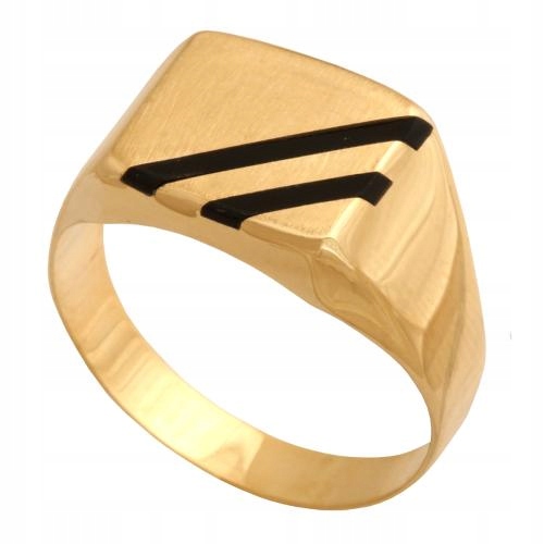 Zlatý signet 585 pánský se satinováním a černým smaltem pro muže dárek