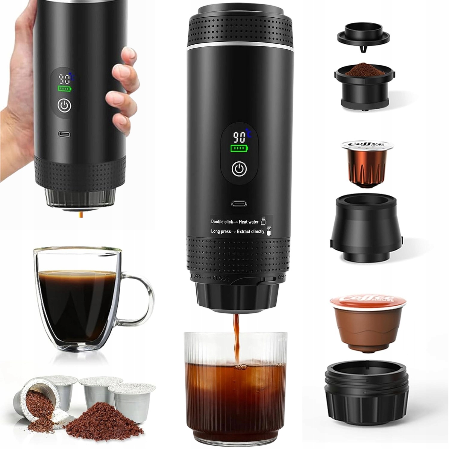 Przenośny Ekspres Do Kawy Turystyczny Ciśnieniowy Kapsułki Mielona Czarny