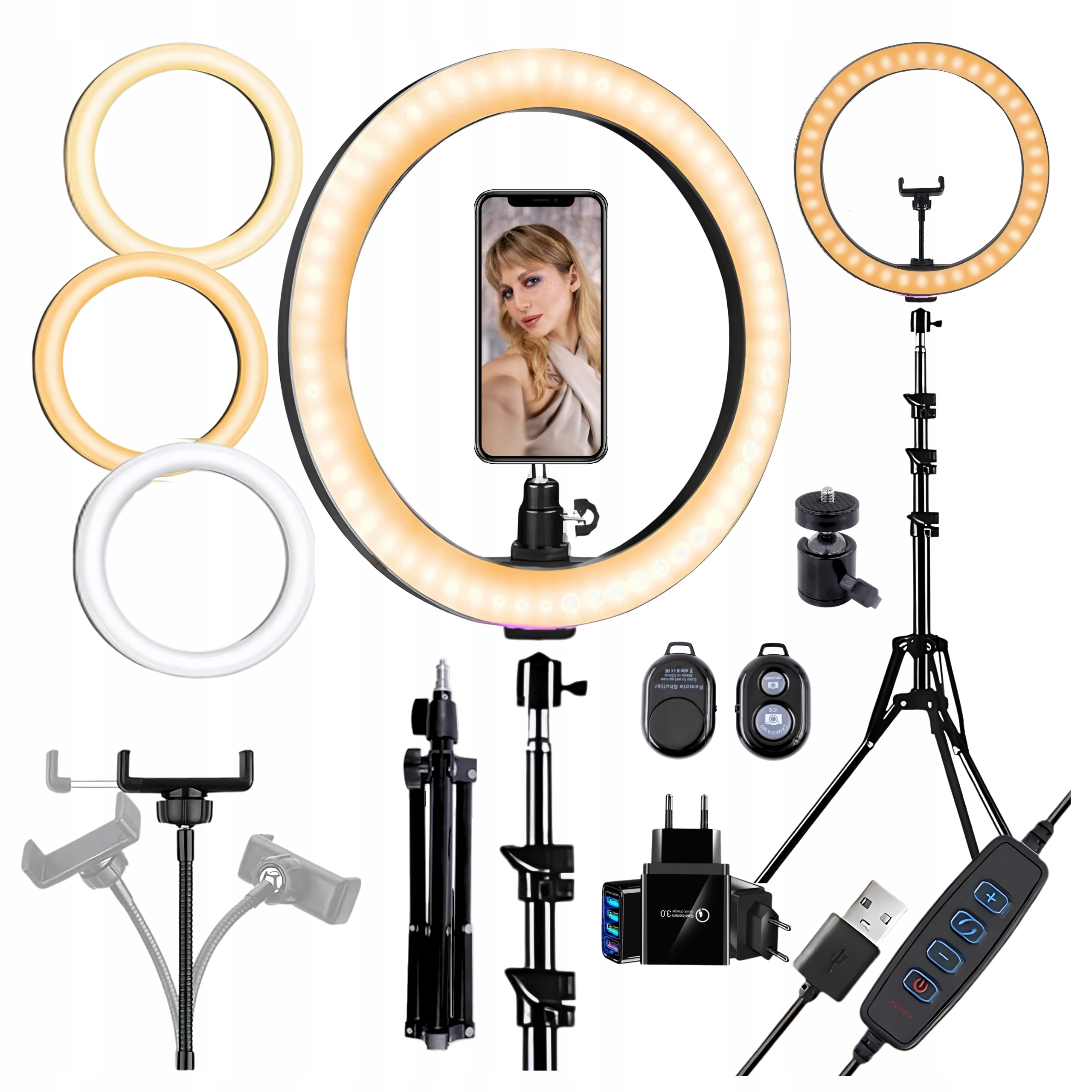 Lampa pierścieniowa Led Ring 26cm 80w Statyw 220cm Pilot Bt Zasilacz