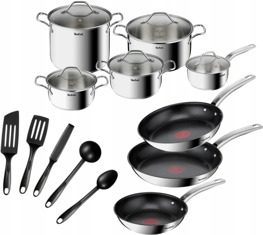 Garnki patelnie Tefal Intuition szpatułki 18el. stal nierdzewna