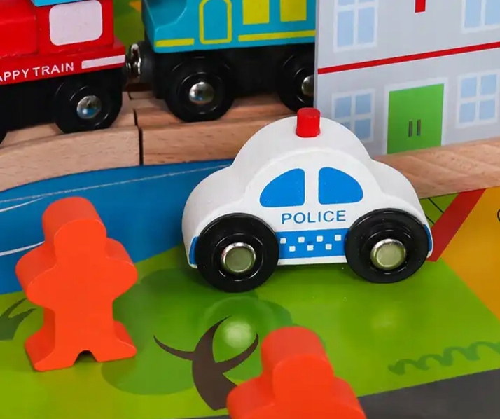 KOLEJKA DREWNIANA POCIĄG Z WAGONAMI + MIASTO I STÓŁ DO ZABAWY 90 elementów Marka MINEXO