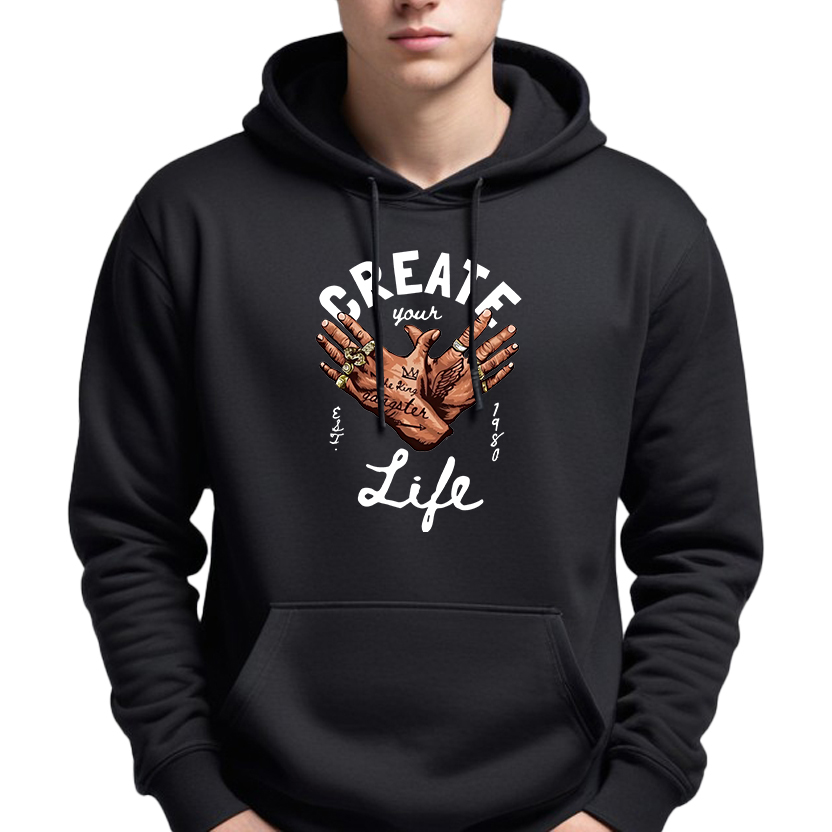 Pánská Mikina Hoodie S Kapucí Černá Streatwear Módní Create Your Life S