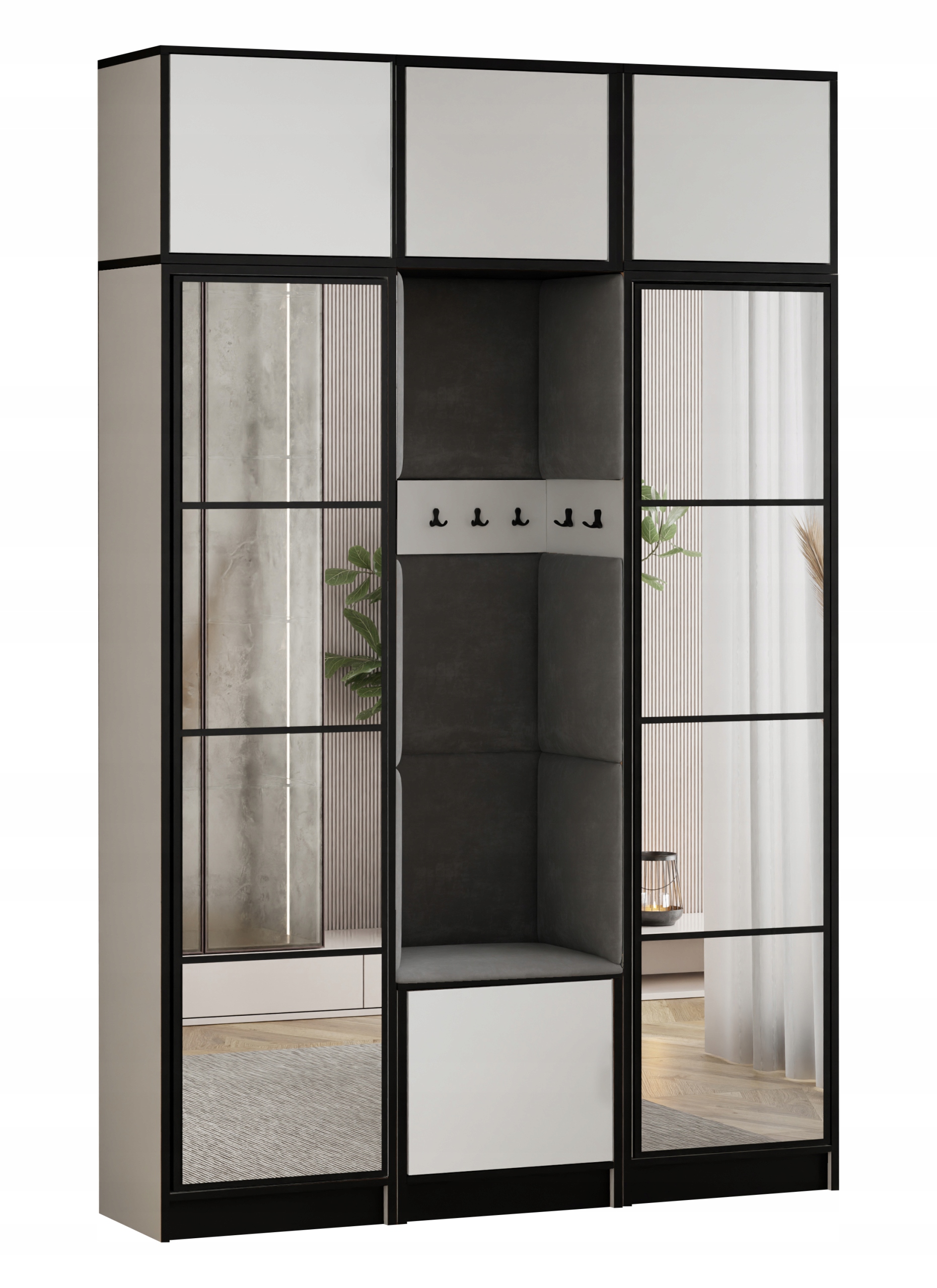 Šatní skříň Costa 12 bílá šedá tkanina, sedák s nástavcem