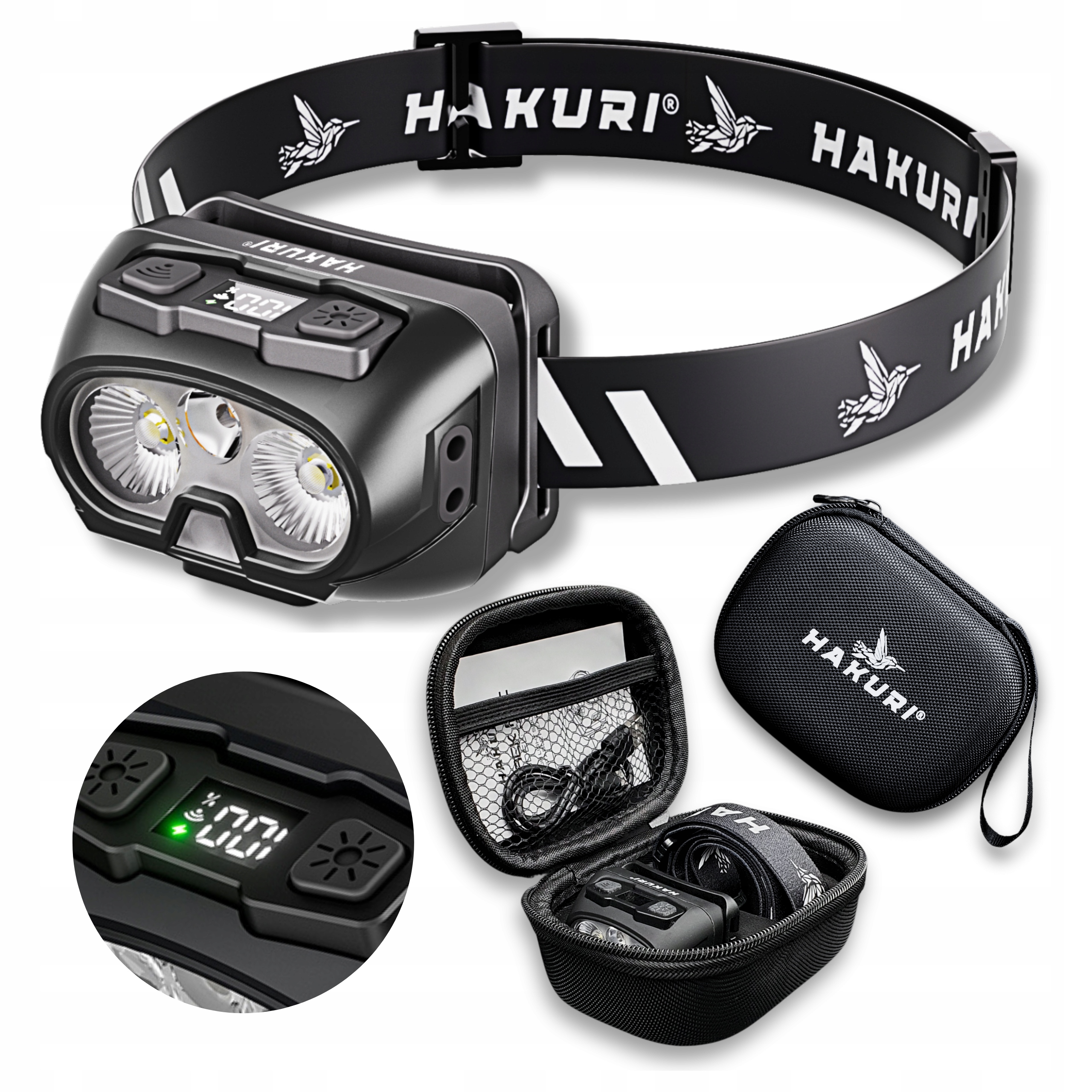 Čelovka Led Čelovka 600lm Displej % IPX6 Pohybový Senzor Pouzdro Pl