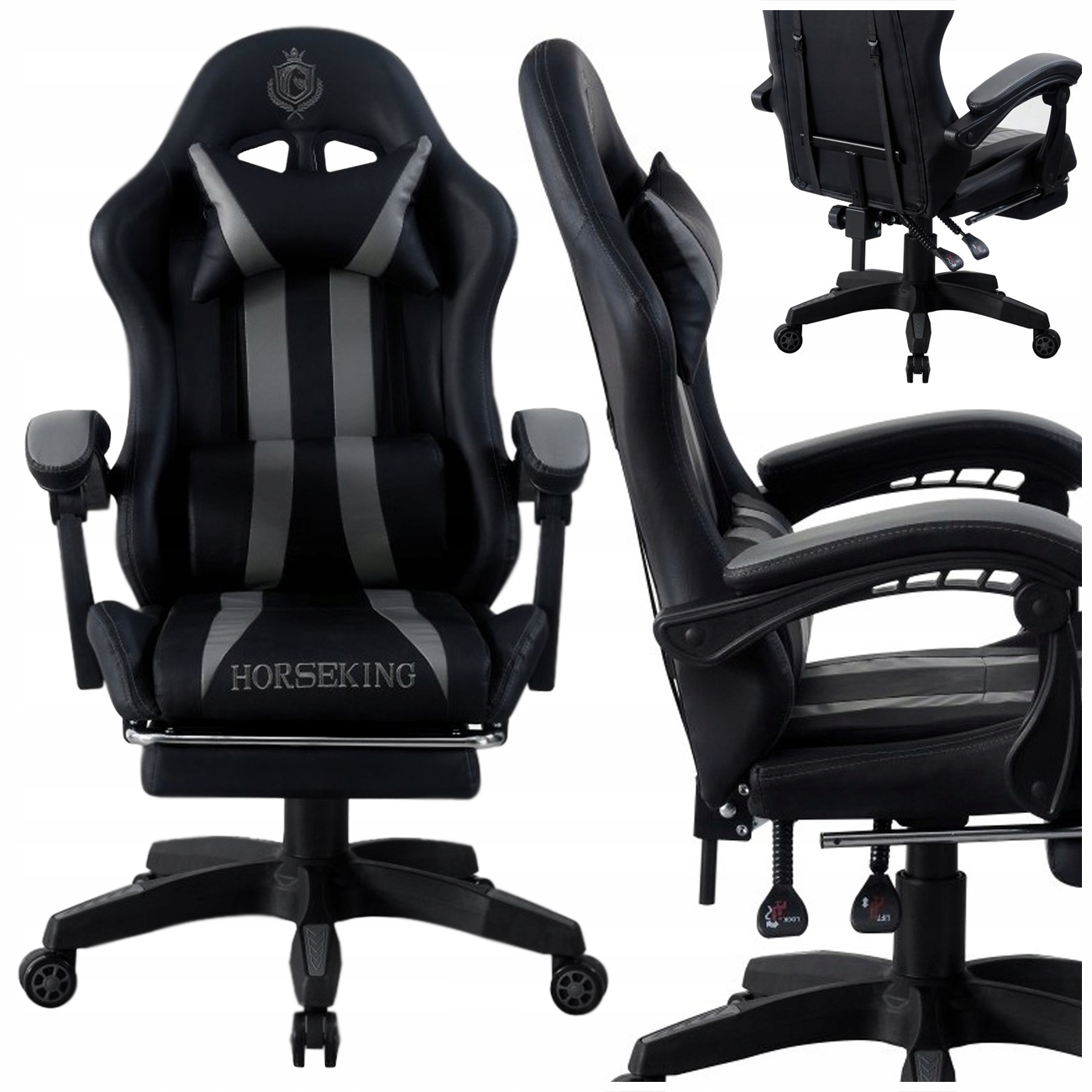 Herní Křeslo Horseking S Otočnou Podnožkou Pro Hraní, Šedá Židle