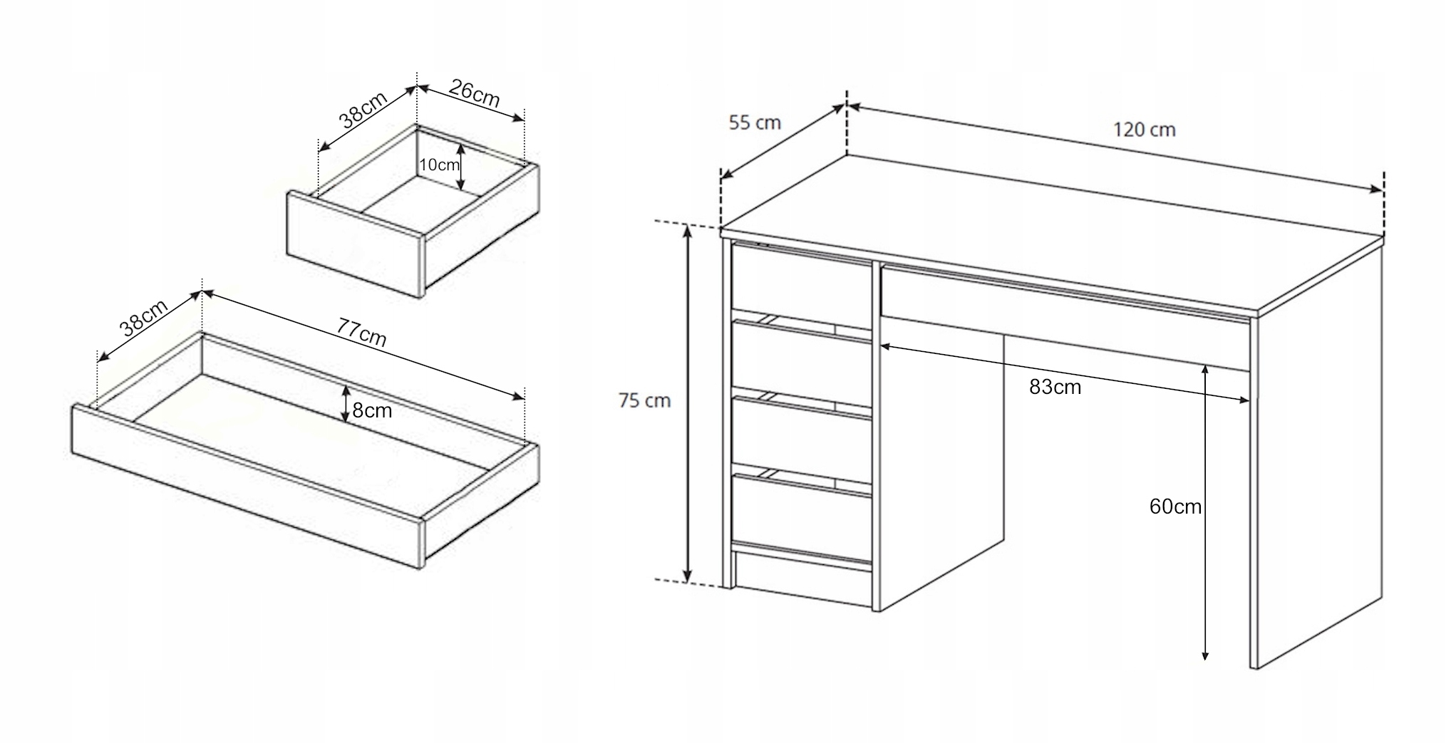 Nowoczesne biurko biały mat 120x55 5 szuflad Kolor mebla biały