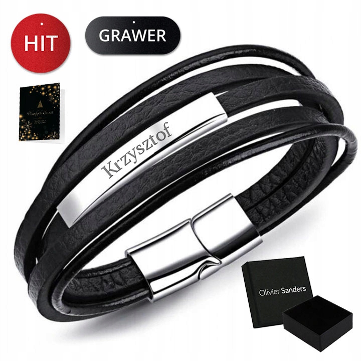 

Skórzana Bransoletka Męska Czarna Srebrna Grawer