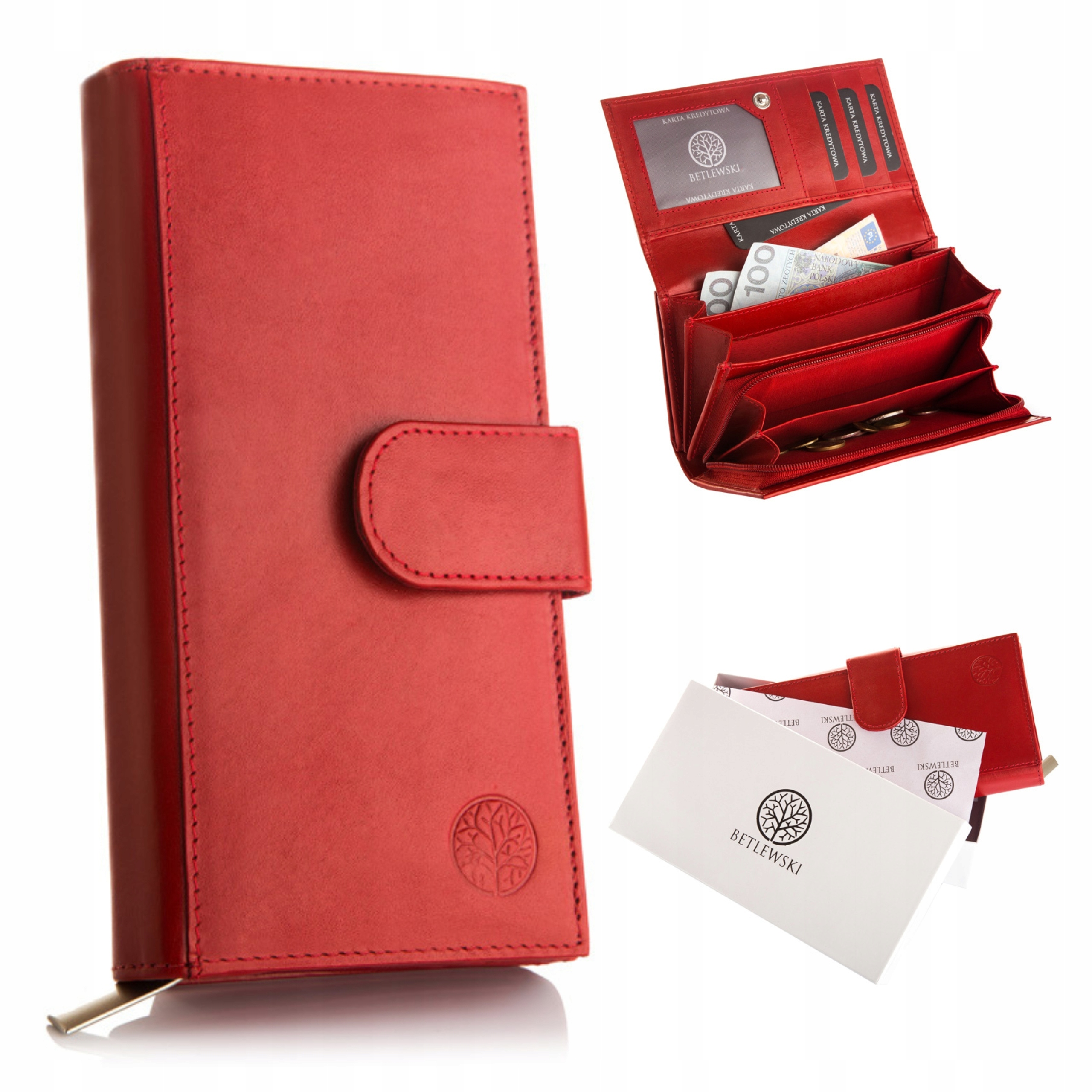 Červená peněženka Betlewski Dámská velká kožená karta Klips Pouzdro Zapínání na zip