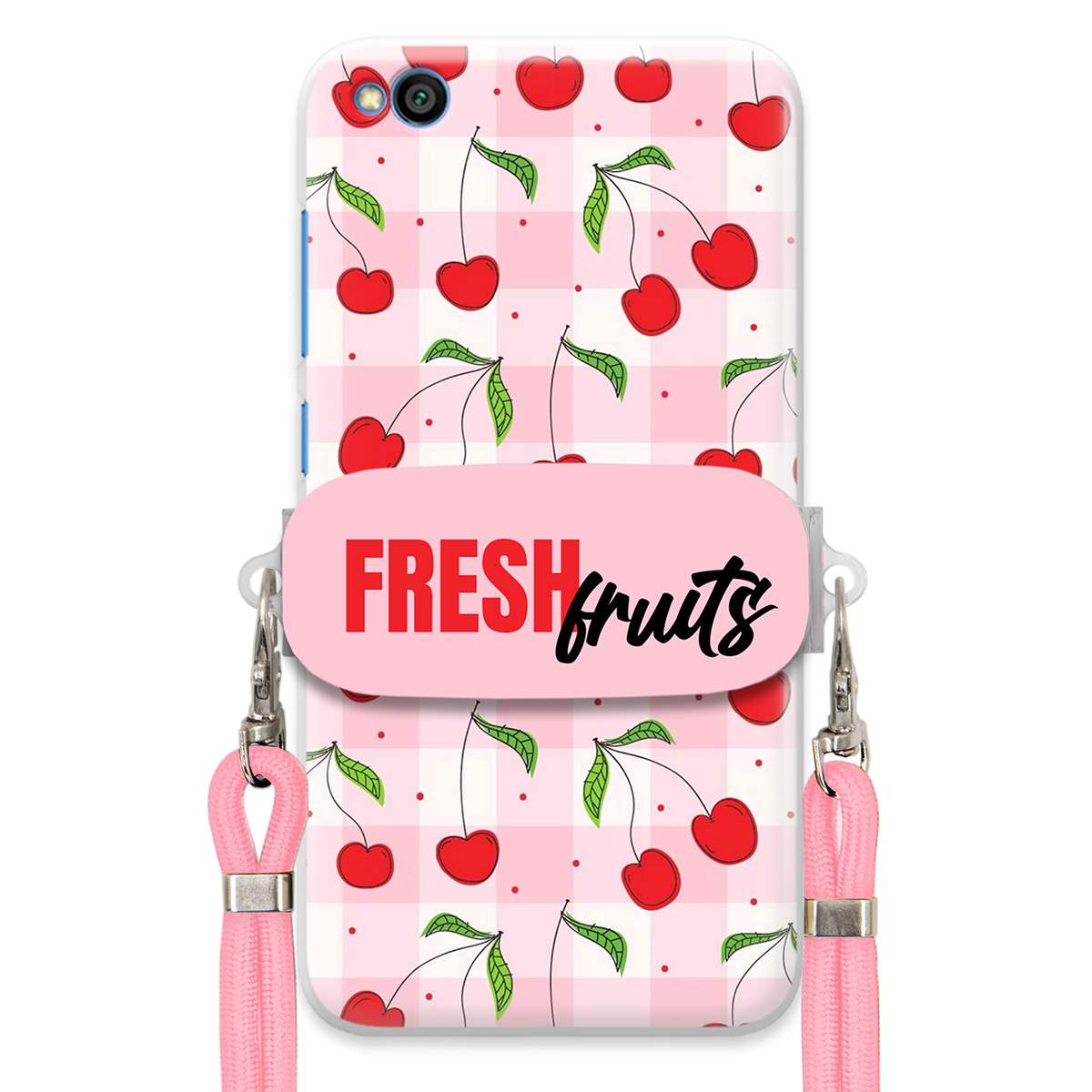 Pouzdro pro Xiaomi Redmi Go Case Držák Šňůrka Růžová Fresh Fruits Mřížka