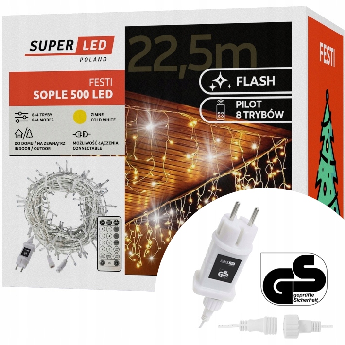 LAMPKI ZEWNĘTRZNE SOPLE 500 LED 22,5m BIAŁE CIEPŁE GIRLANDA IP44 + PILOT