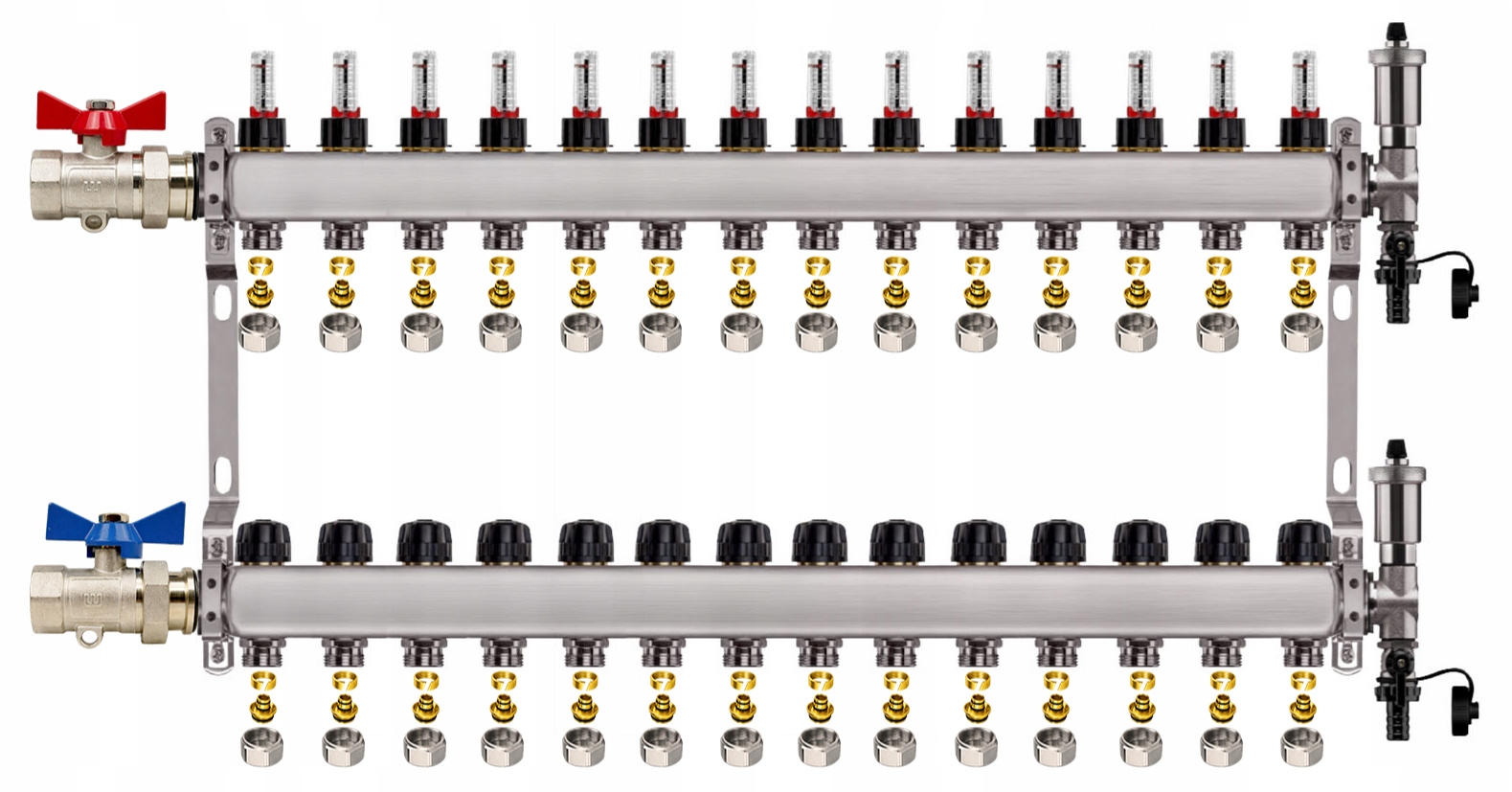 Rozdělovač Pro Podlahovku 14 Nerezových Okruhů Jednoduchý Ventil Pex Spojky