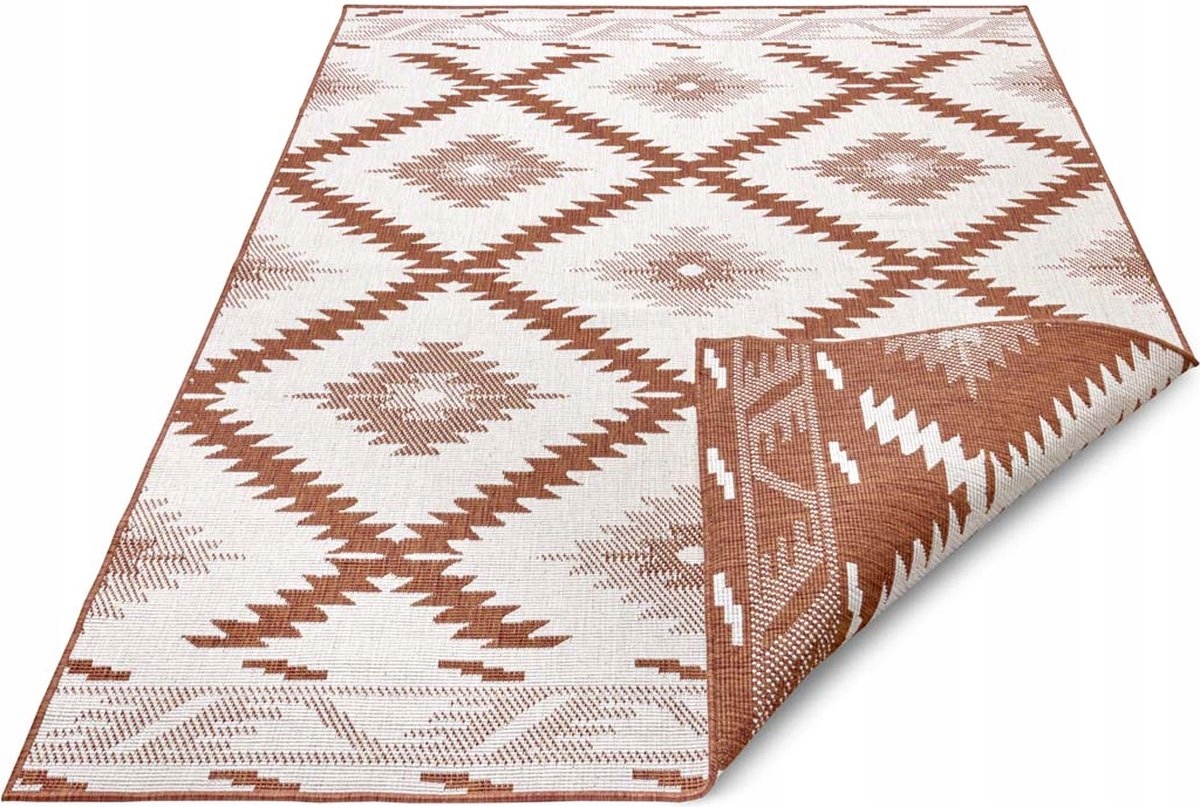 Koberec na terasu 160x230 cm, hnedo krémový, obojstranný, plocho tkaný, šnúrkový