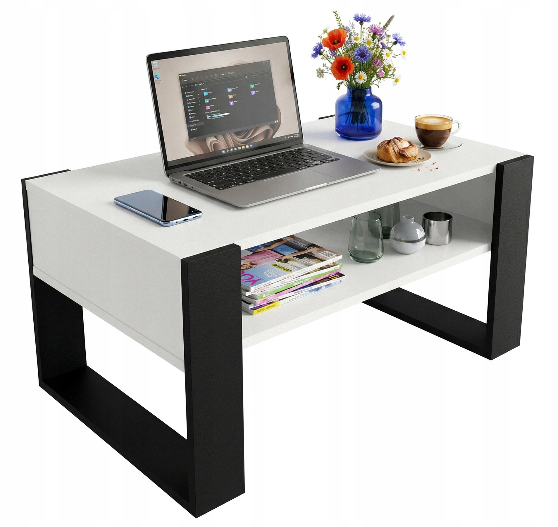 Kávový stolek Karo 92 cm s policí Bílý/Černý loft 92x53,6x45