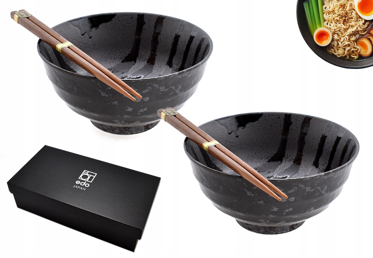 Sada 2 misek s paličkami Udon Kuroi Rasen 17 cm 800 ml Box