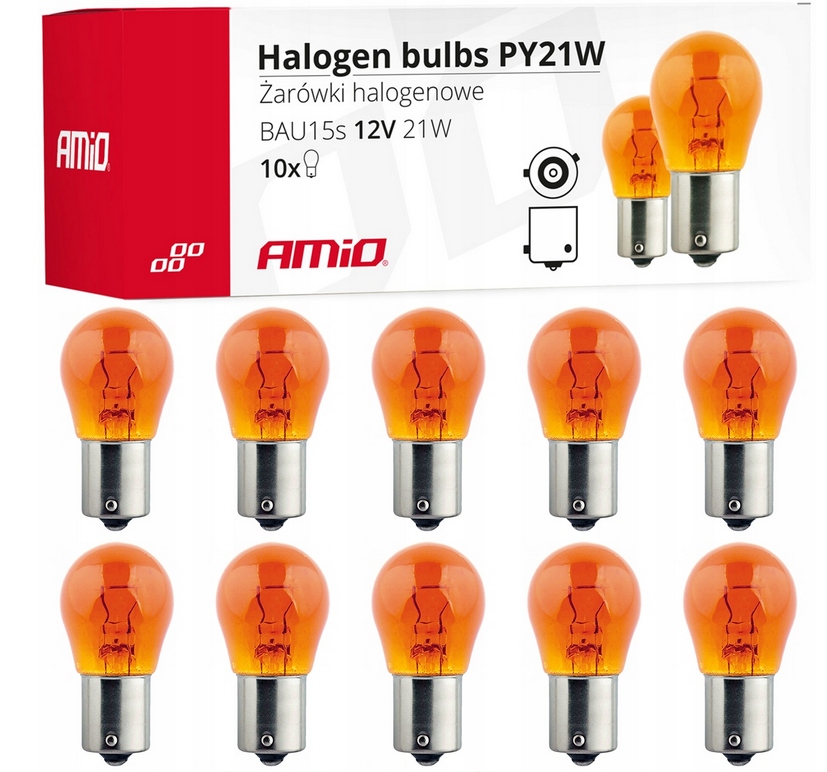 Żarówki PY21W BAU15S 12V 21W pomarańczowe 10 sztuk amber Amio halogenowe