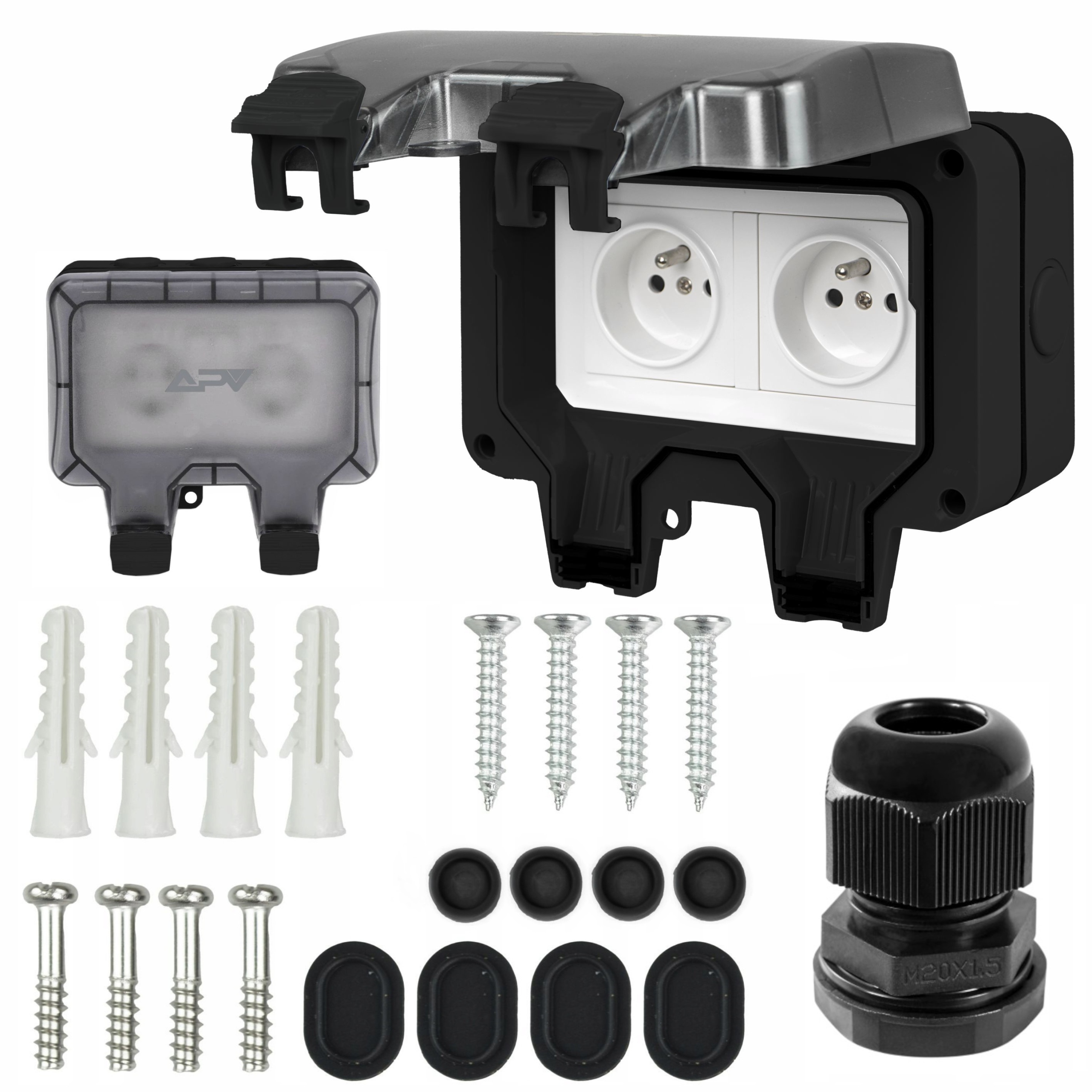 Podwójne Gniazdo Zewnętrzne Elektryczne Ogrodowe Wodoszczelne 230V IP66