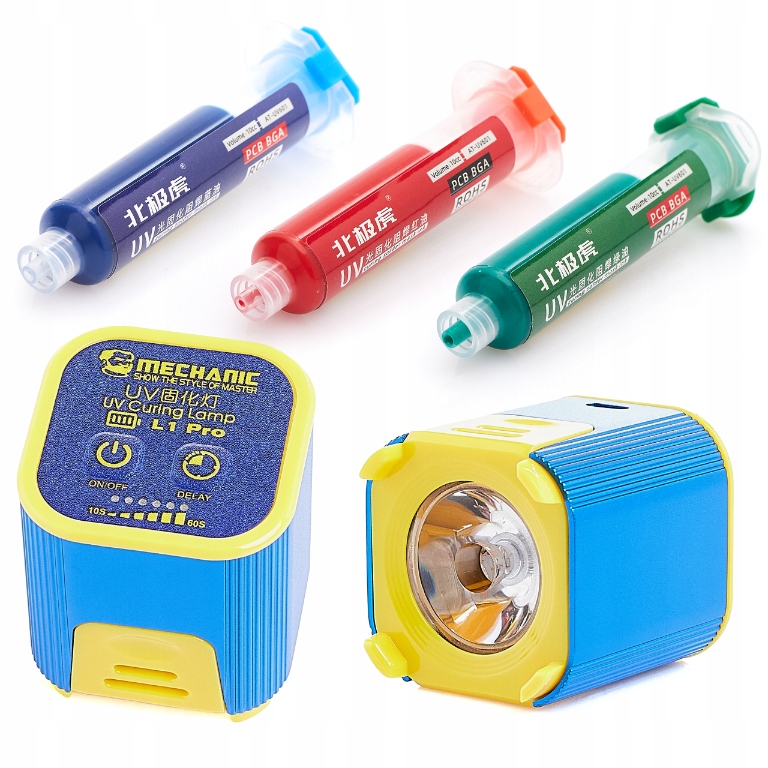 Lampa UV z baterią Mechanic zestaw 3x soldermaska czarna zielona niebieska
