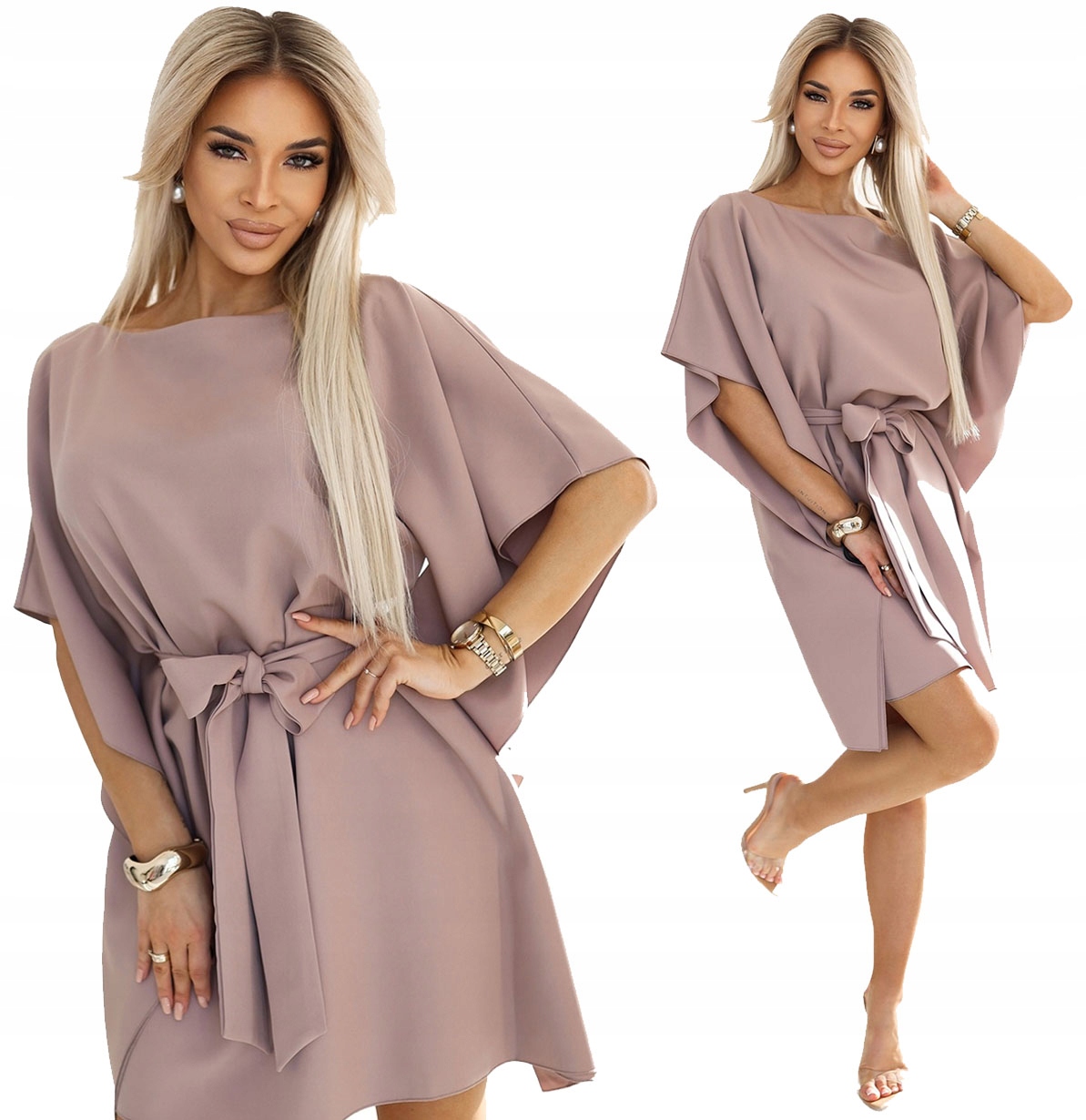 Krásné Šaty S Motýlem A Páskem Asymetrické Rukávy Mocha Mousse 2XL/3XL