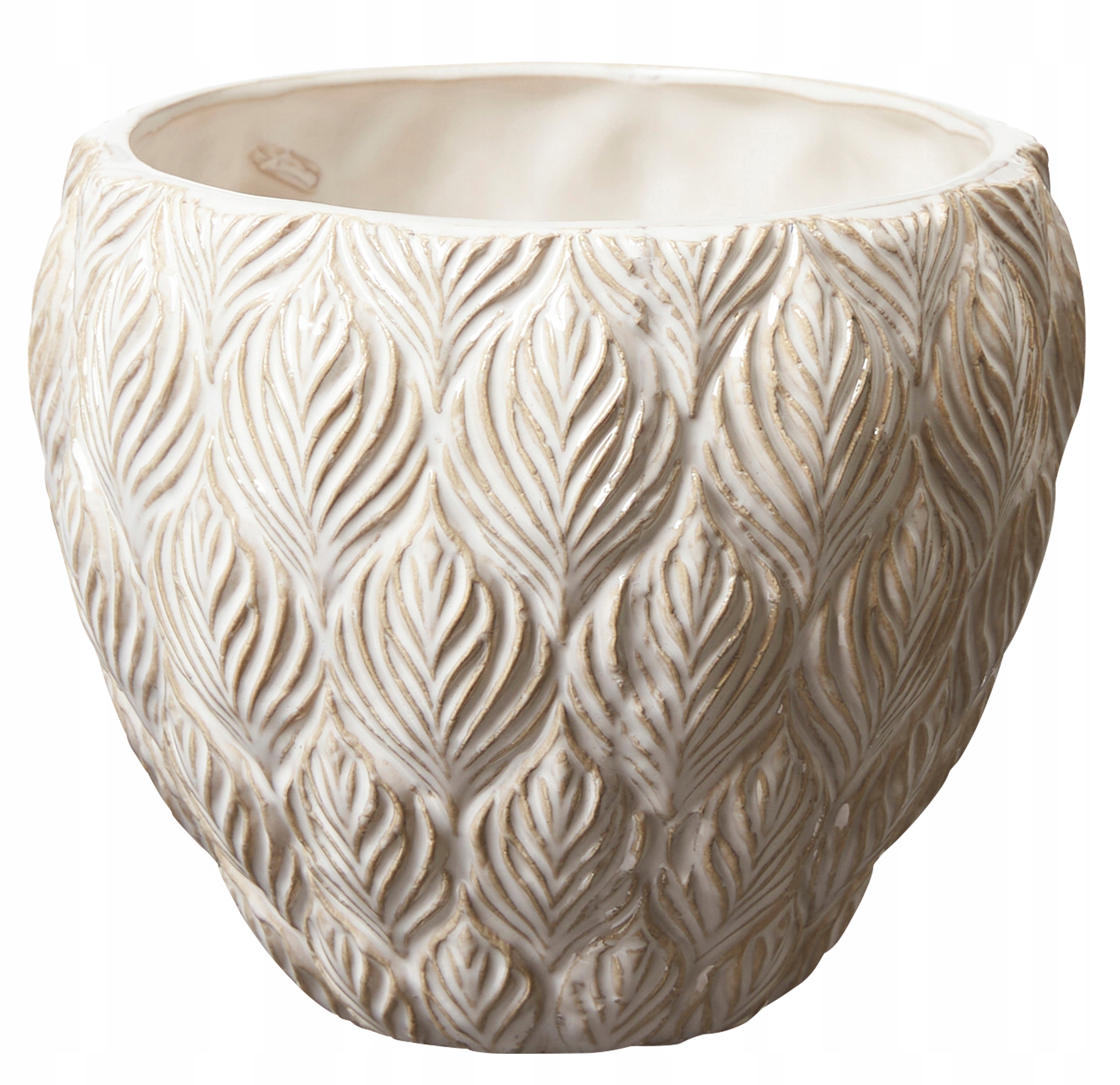 DONICZKA CERAMICZNA BIAŁA ECRU 13x15 OSŁONKA ZDOBIONA LIŚĆIE