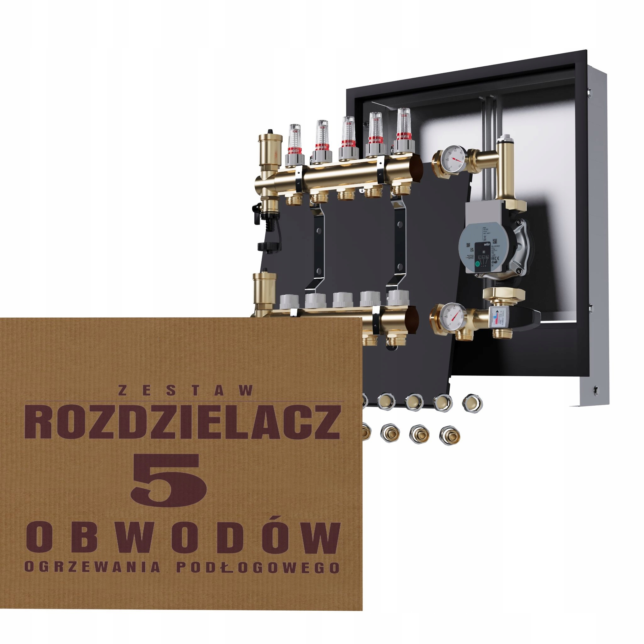 Rozdělovač pro podlahu 5 okruhů s čerpadlem Wilo podomítkový černý Pex