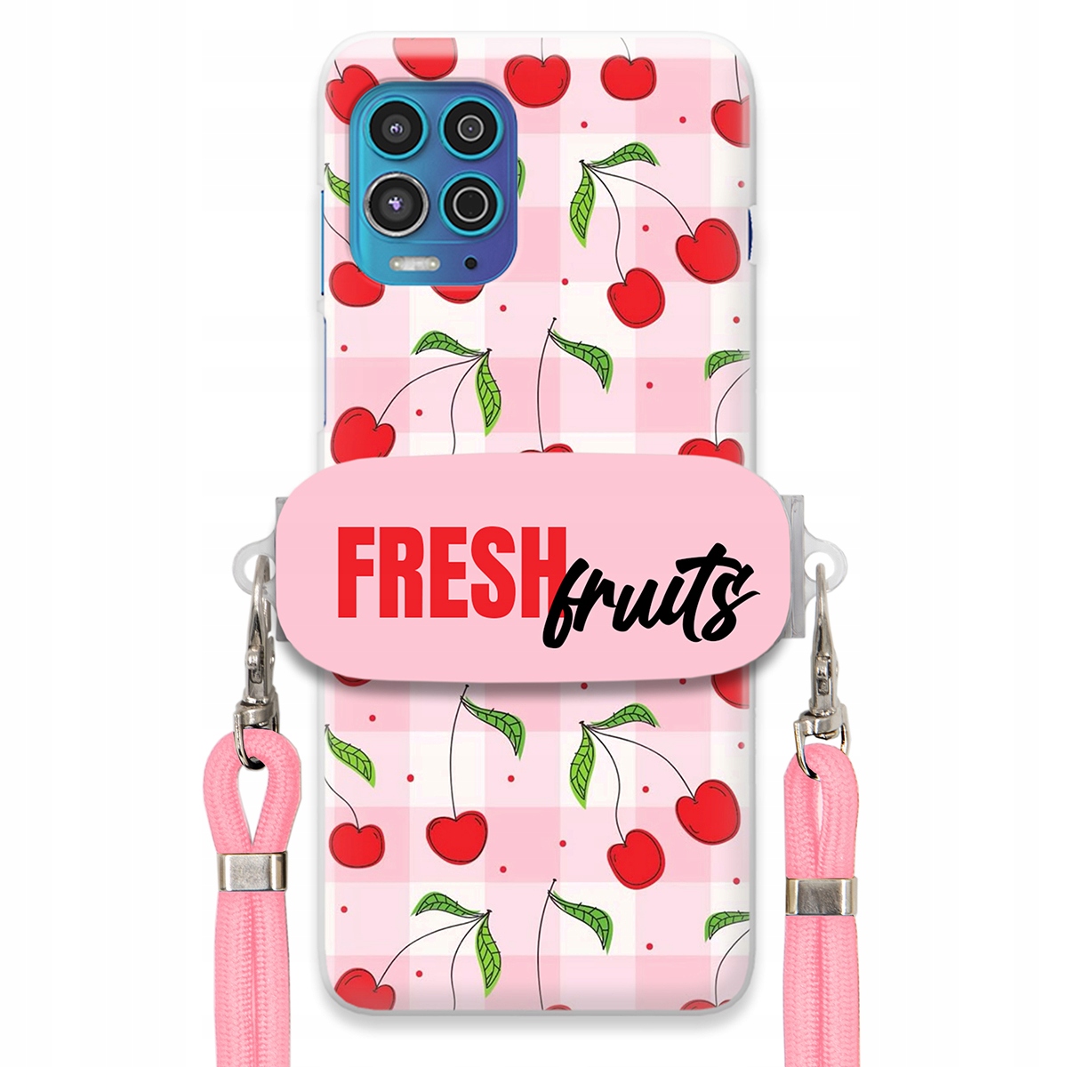 Puzdro na Motorola Edge S Case držiak šnúrok Ružový Fresh Fruits Mriežka