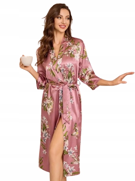 Dlouhý Župan Ze Saténu Elegantní Růžový Župan Květy Satén L