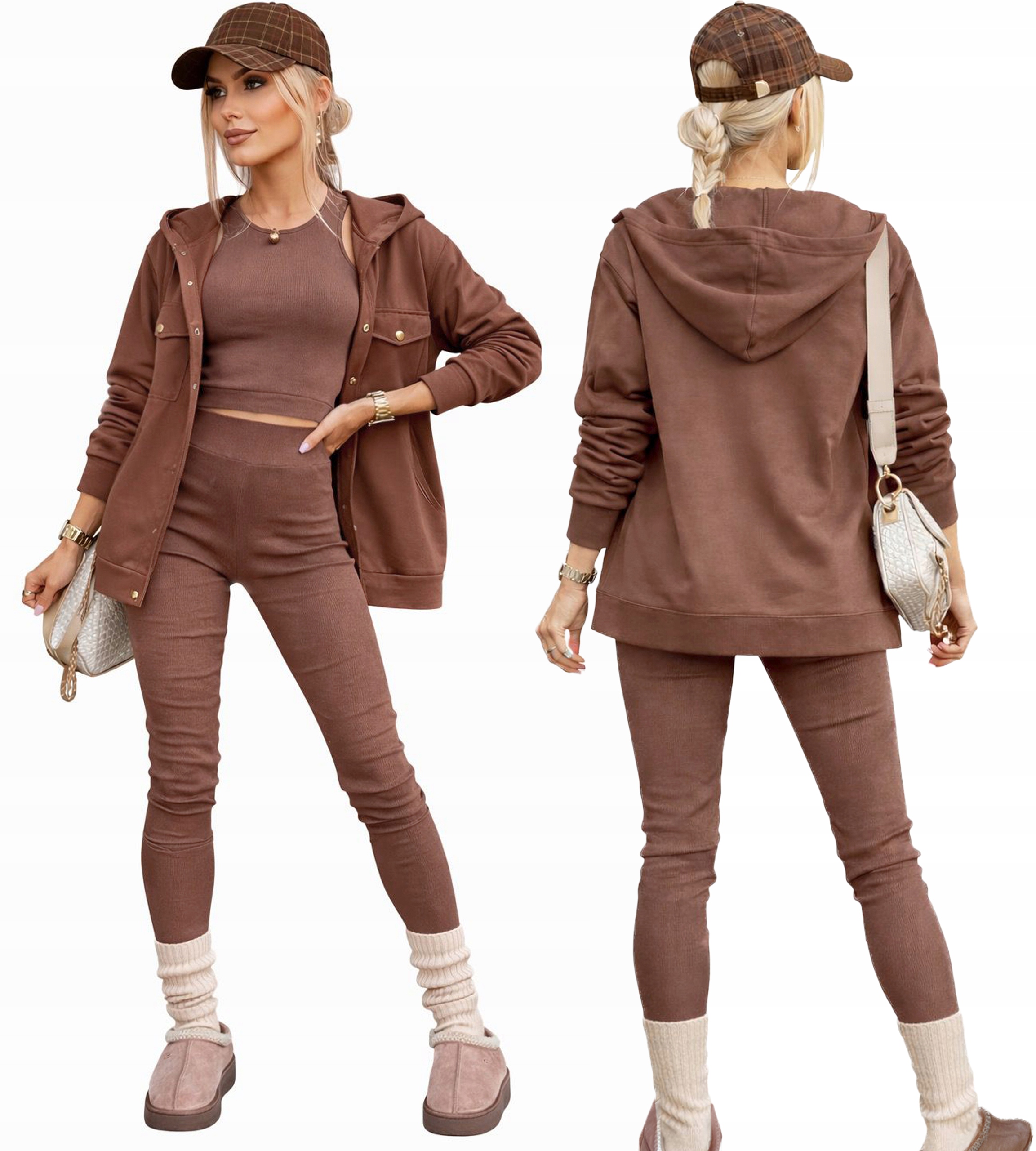 Bawełniany Komplet Dresowy damski prążkowane legginsy top bluza M Zibi