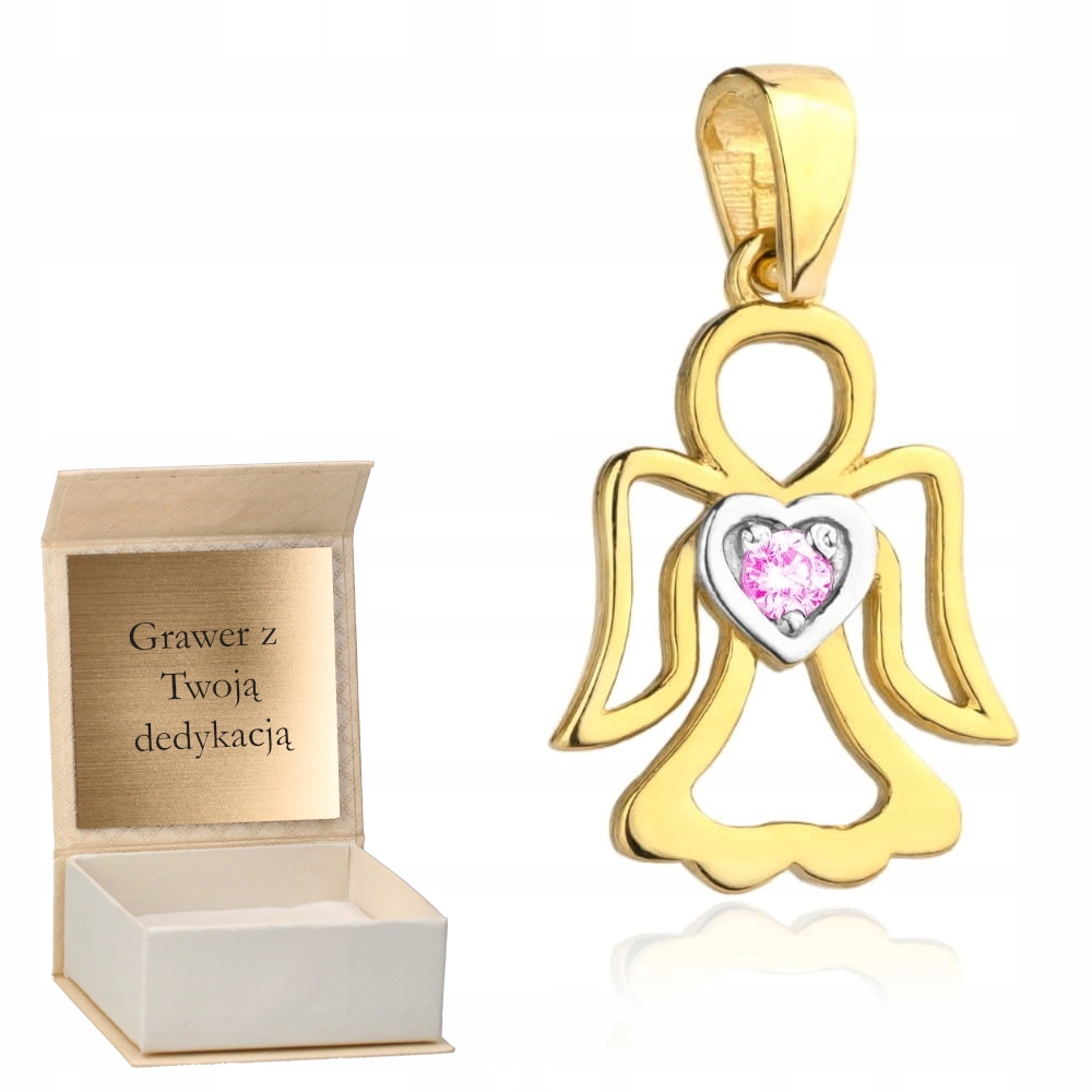 Zlatý přívěsek Anděl s růžovou zirkonií v srdíčku, zlato ryzost 585 Gravírování