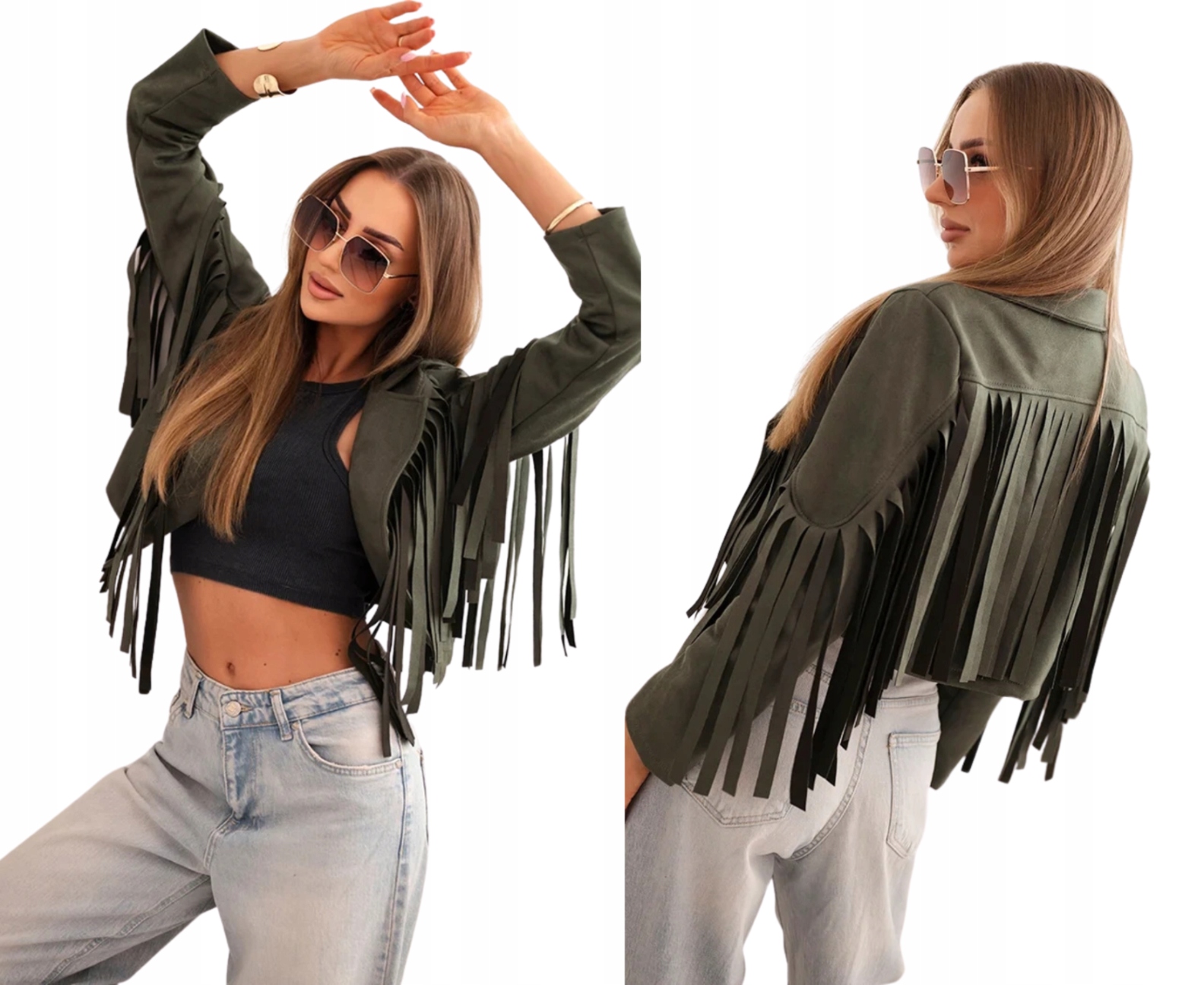 Khaki dámská bunda s třásněmi v boho stylu z ekokůže