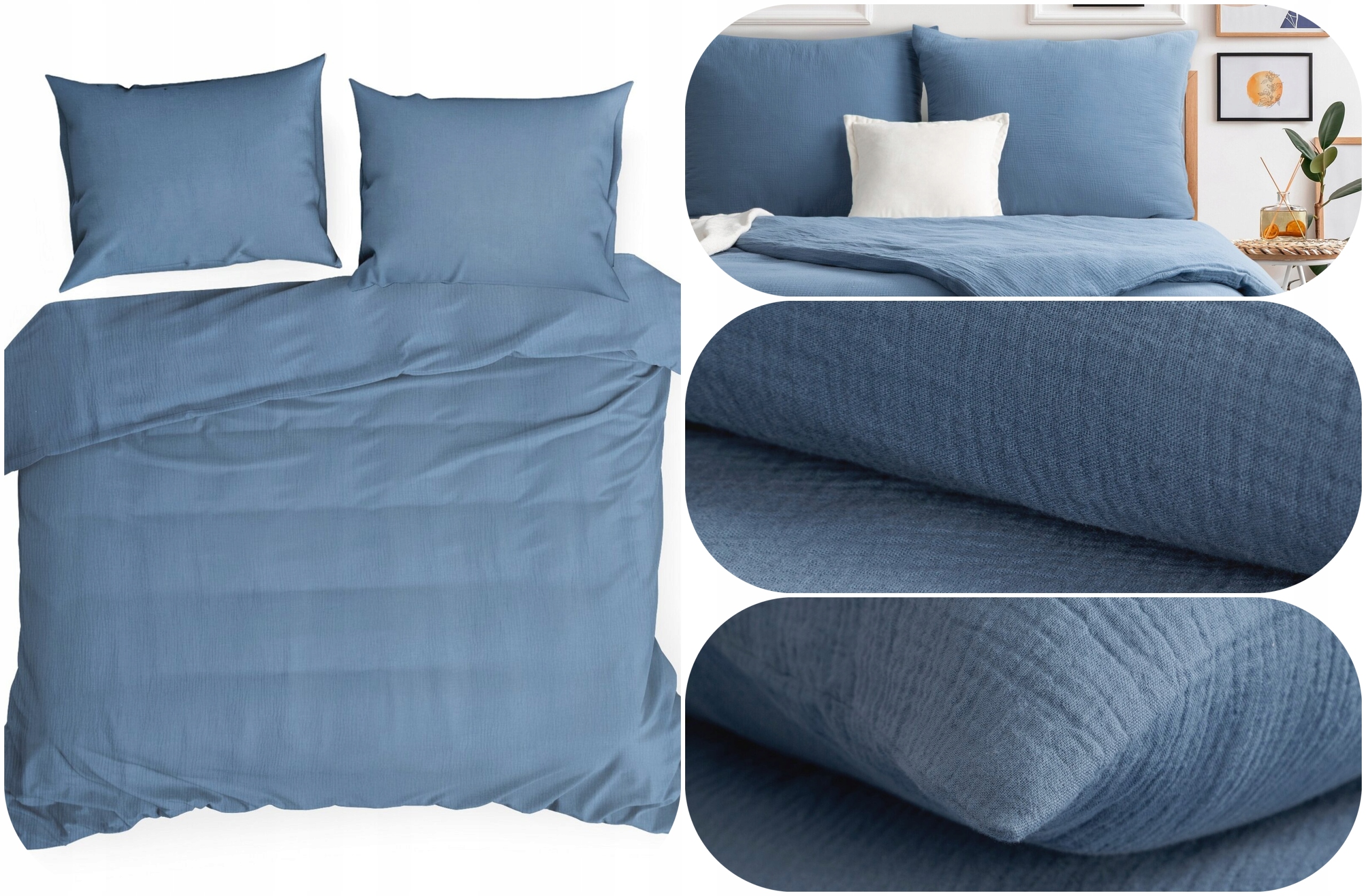 Pościel Muślinowa Bawełniana 220X200 Komplet Pościeli Muślin Niebieski