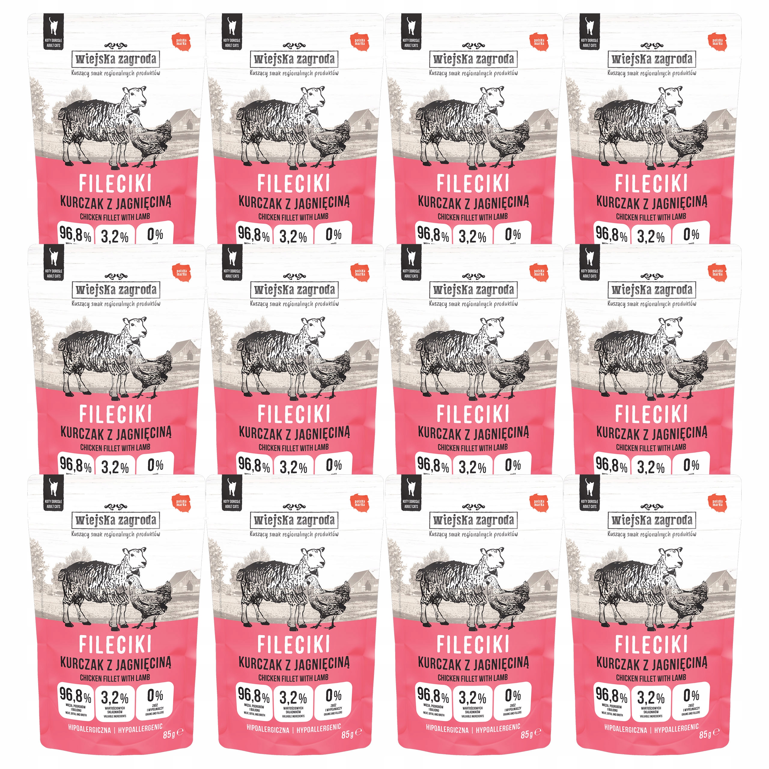 Levně Wiejska Zagroda Filetky krmivo mokré pro kočky Kuře s jehněčím masem 12 x 85 g