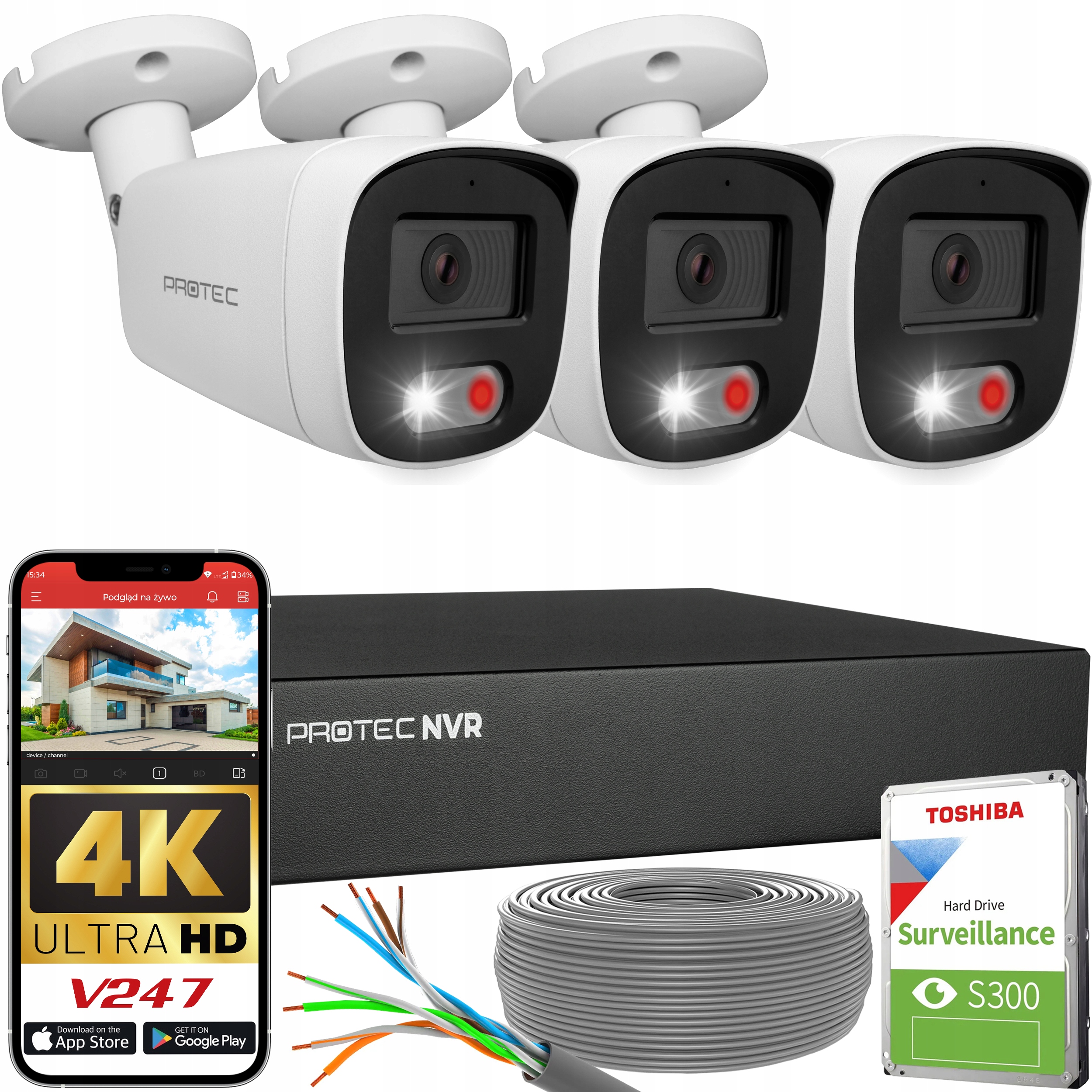 Sada pro monitorování 3 kamer Ip PoE 8Mpx 4K Hdd disk Detekce Mikrofon