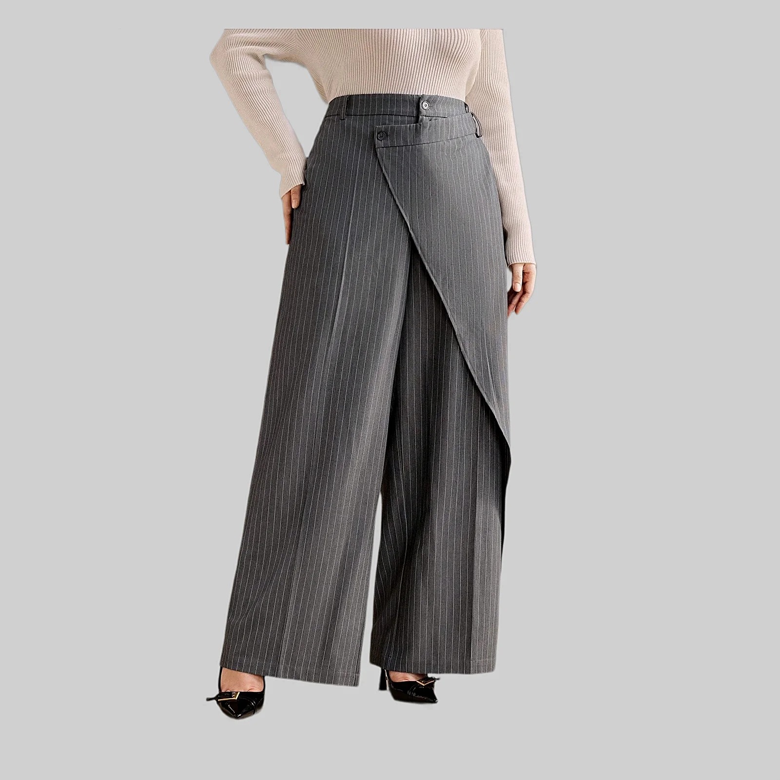 Dámské Šedé Pruhované Kalhoty S Elegantním Vysokým Pasem, Velikost 3XL 46