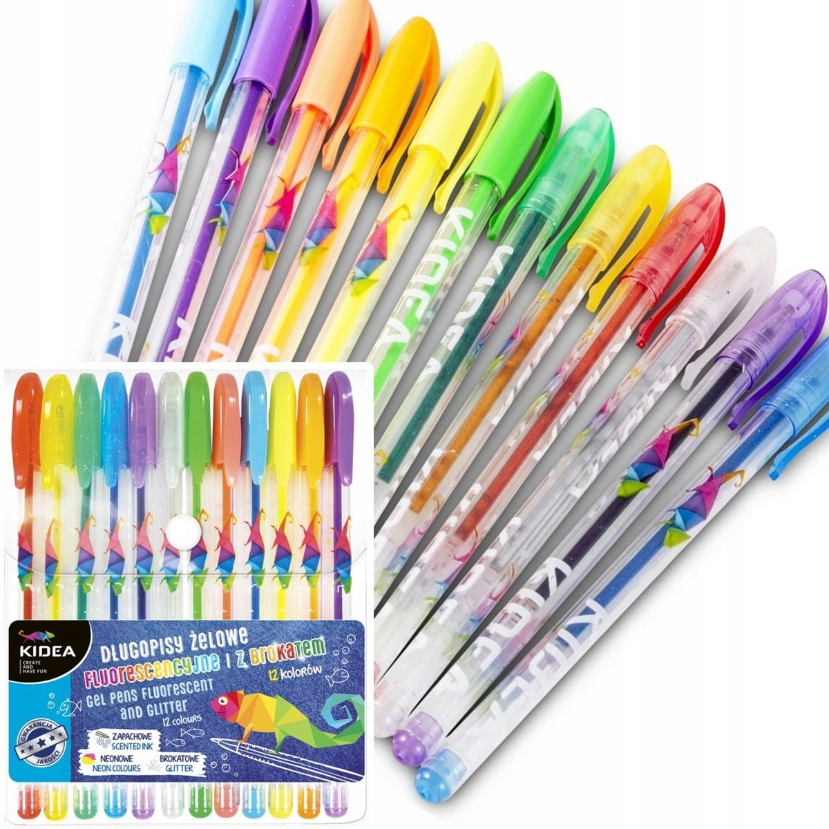 KIDEA DŁUGOPISY ŻELOWE FLUO BROKATOWE Z BROKATEM 12 KOLORÓW