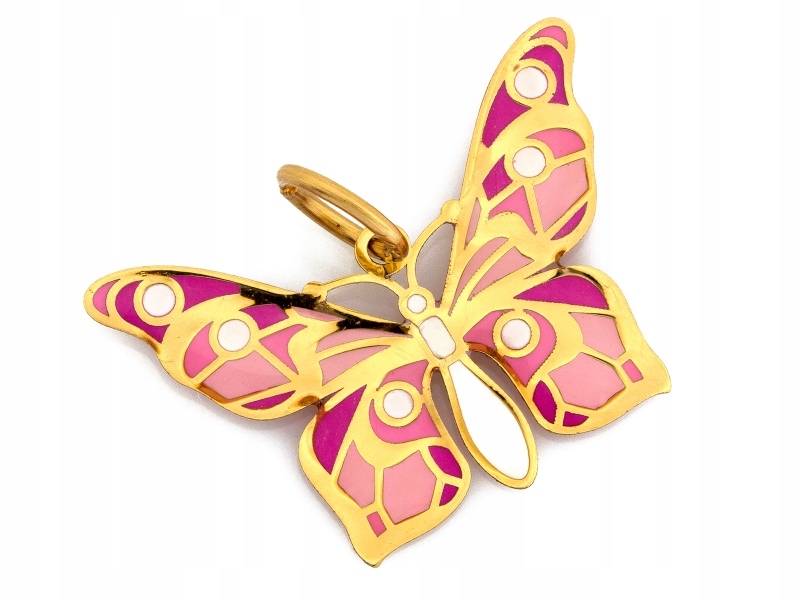 Zlatý přívěsek 585 motýl růžový smaltovaný efektní motýlek na řetízek