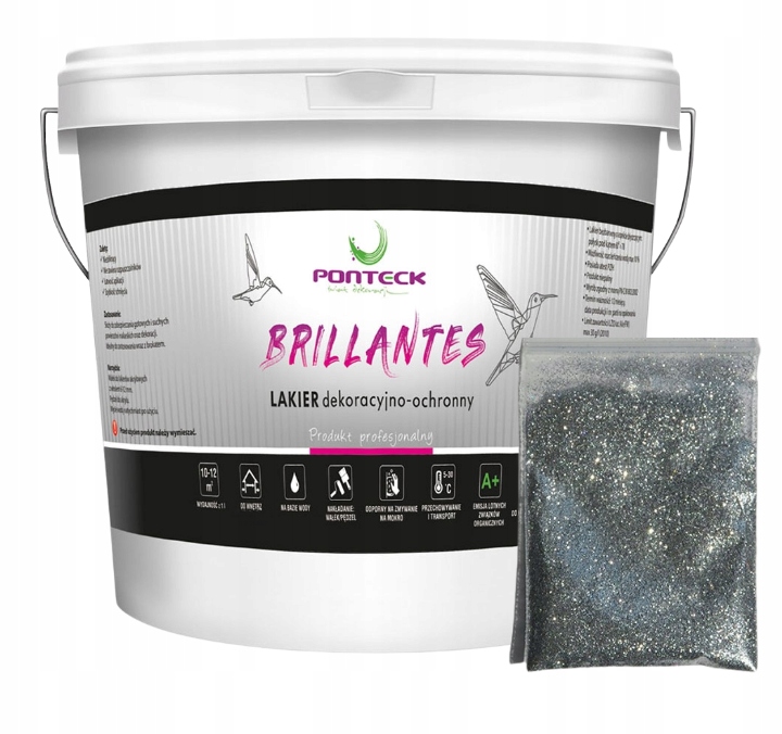 Lakier do Ścian Połysk bezbarwny ochronny 2,5L Brokat 100g. Srebrny