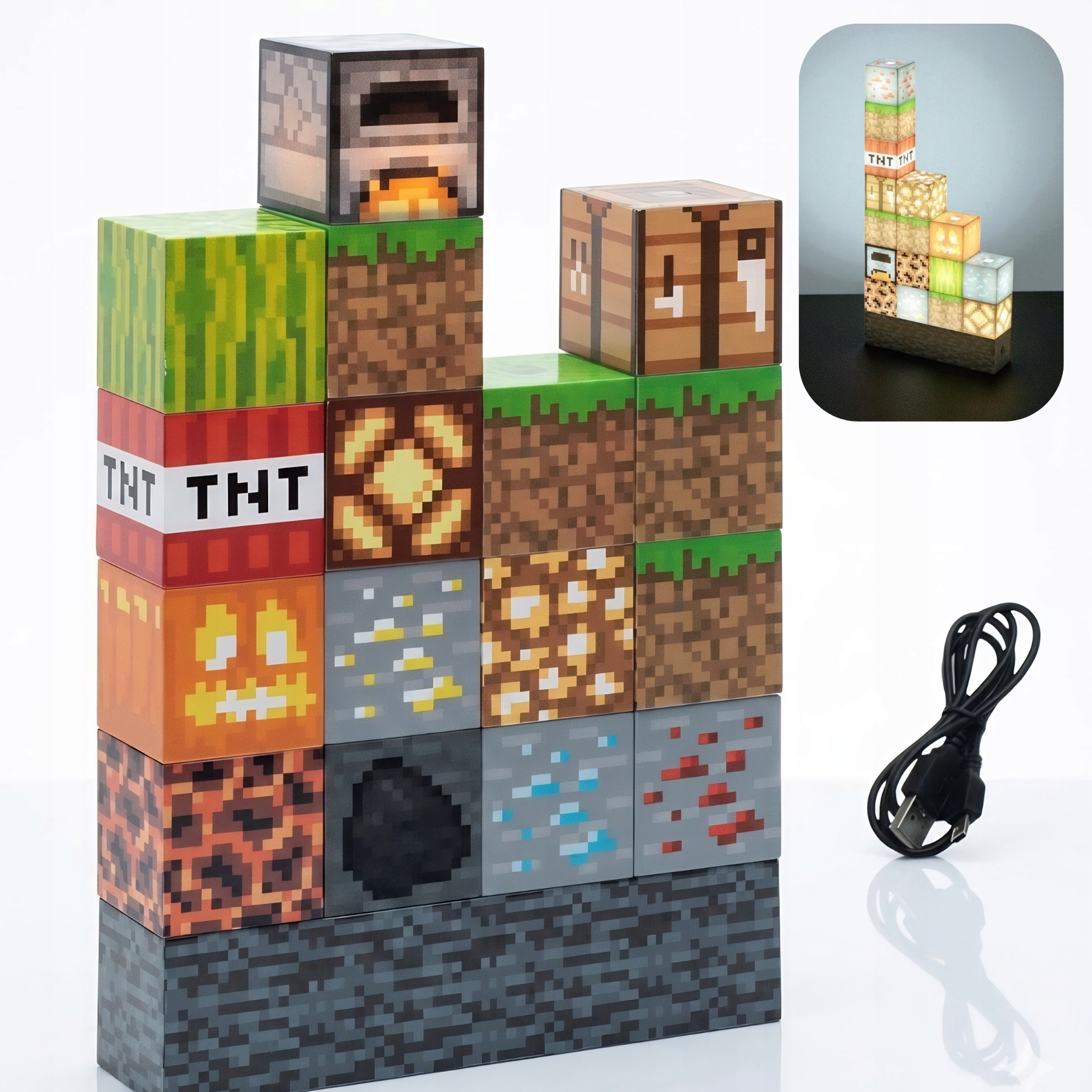 LAMPKA NOCNA LED MINECRAFT KOSTKI SKŁADANA USB DLA DZIECI BLOKI ŚWIATŁO